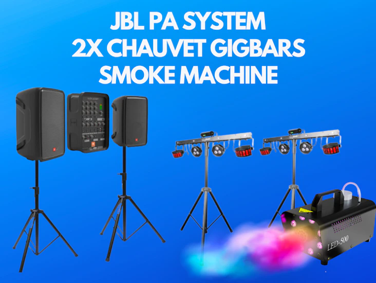 Jbl eon208p portable pa system - speakers and microphone + 2x chauvet dj gigbar 2.0 led lighting system + smoke machine - party lights