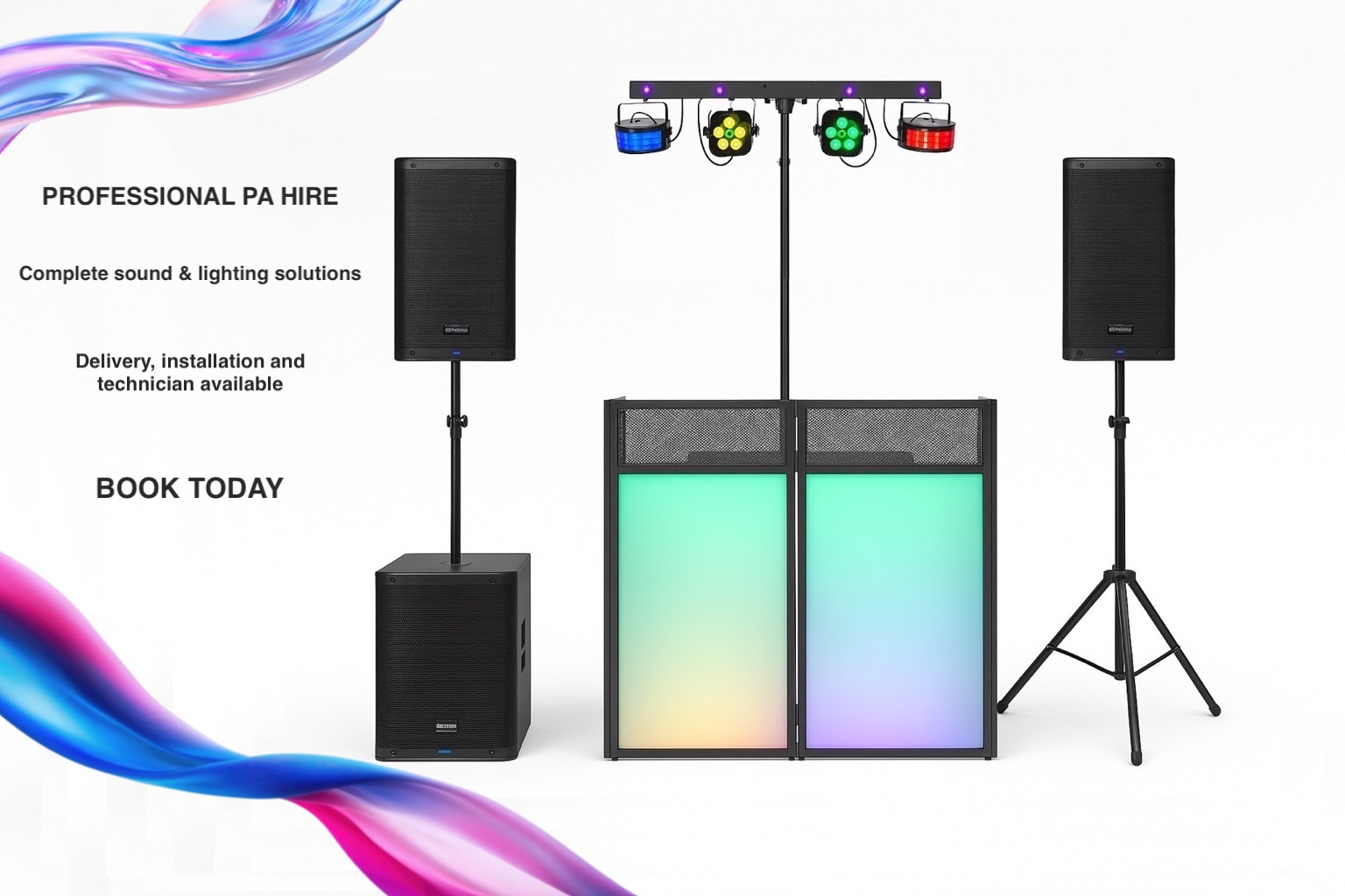 Professional pa system, lighting & dj booth