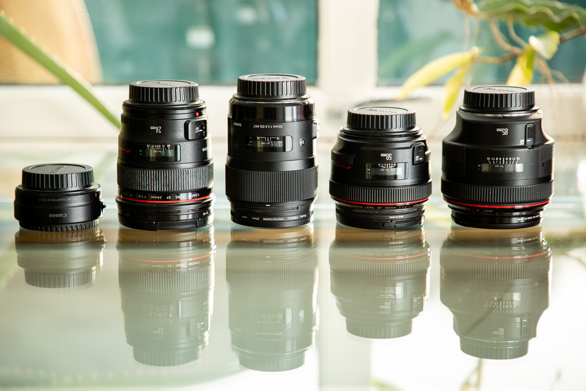 Objektivkit – 24mm, 35mm, 50mm og 85mm (lyssterke primes) + ef-rf adapter