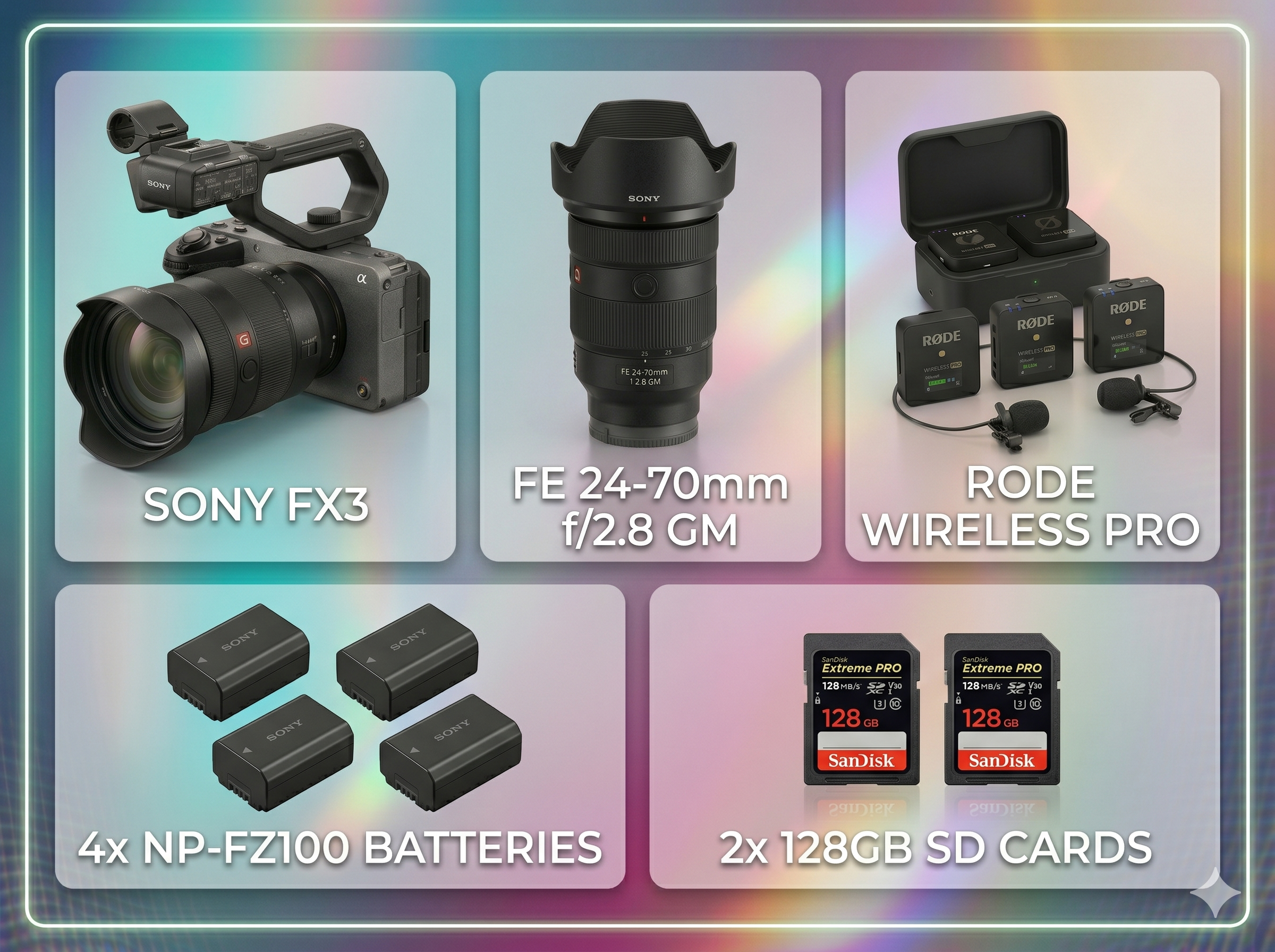 Fx3 body, lense & mic package. g master 24-70 2.8, rode wireless mics with