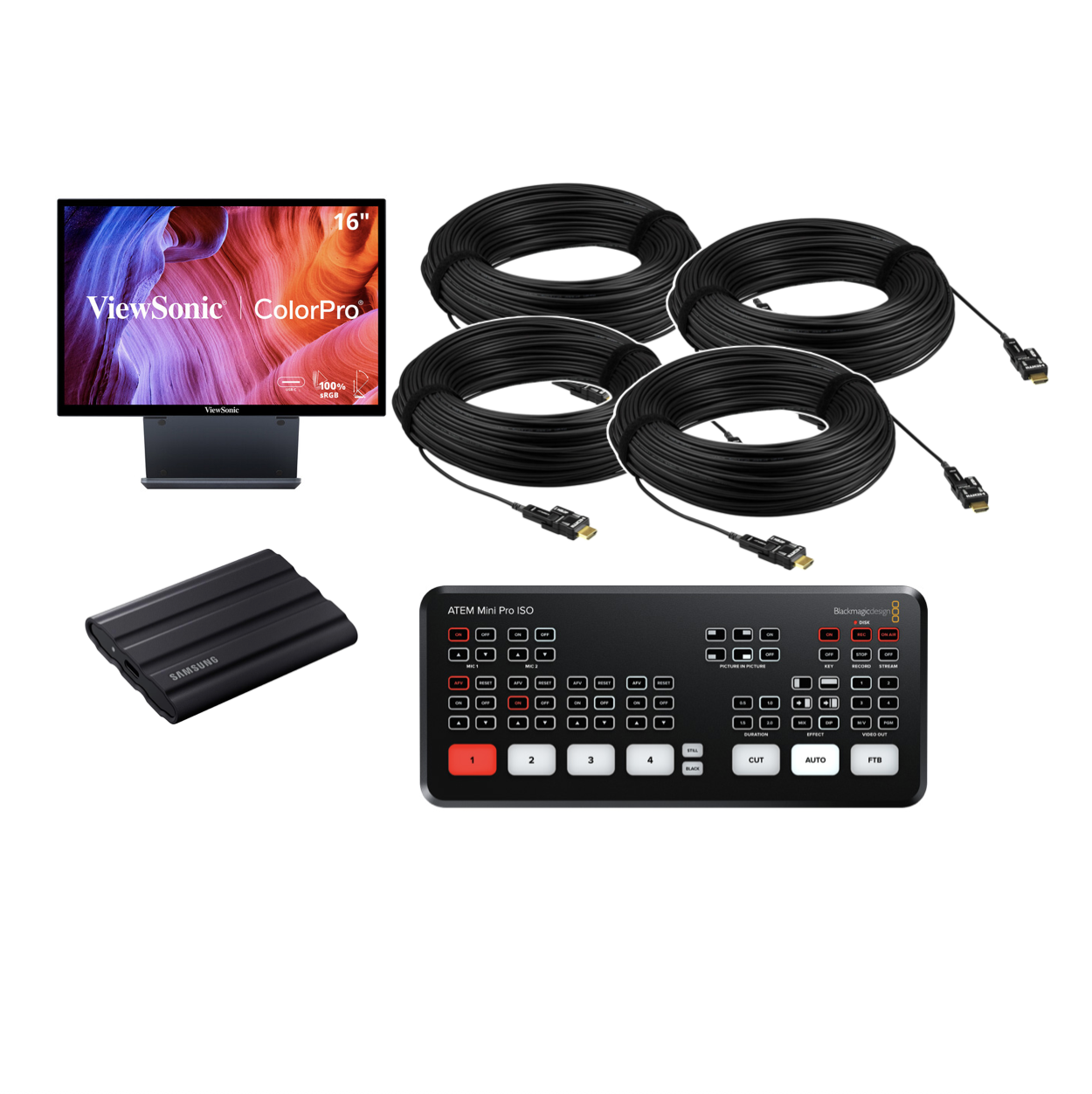 Atem mini pro iso switcher for live streaming and podcast + 16" monitor + 4x 20m hdmi cables + 1tb ssd