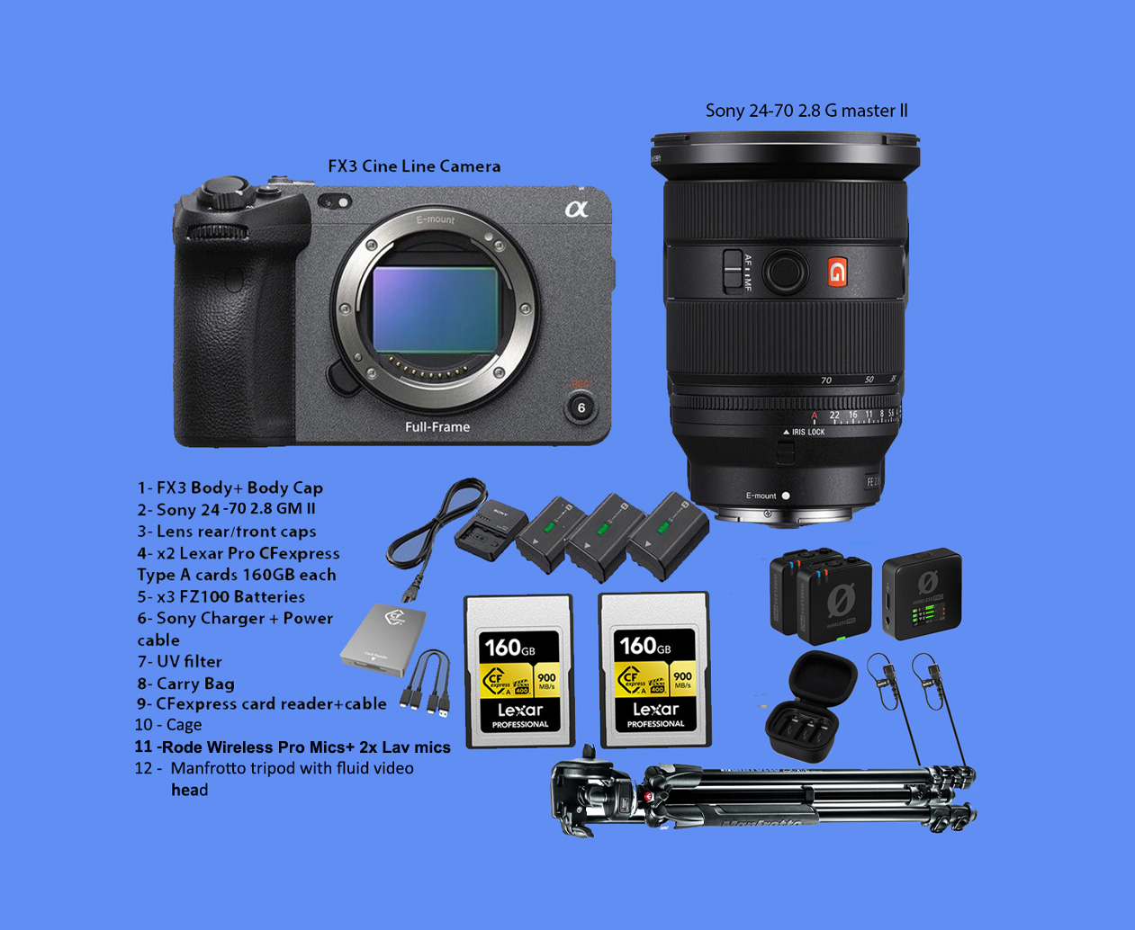 Sony fx3, fx3 cinema line camera, fx3 plus fe 24-70 2.8gmii and rode wireless pro