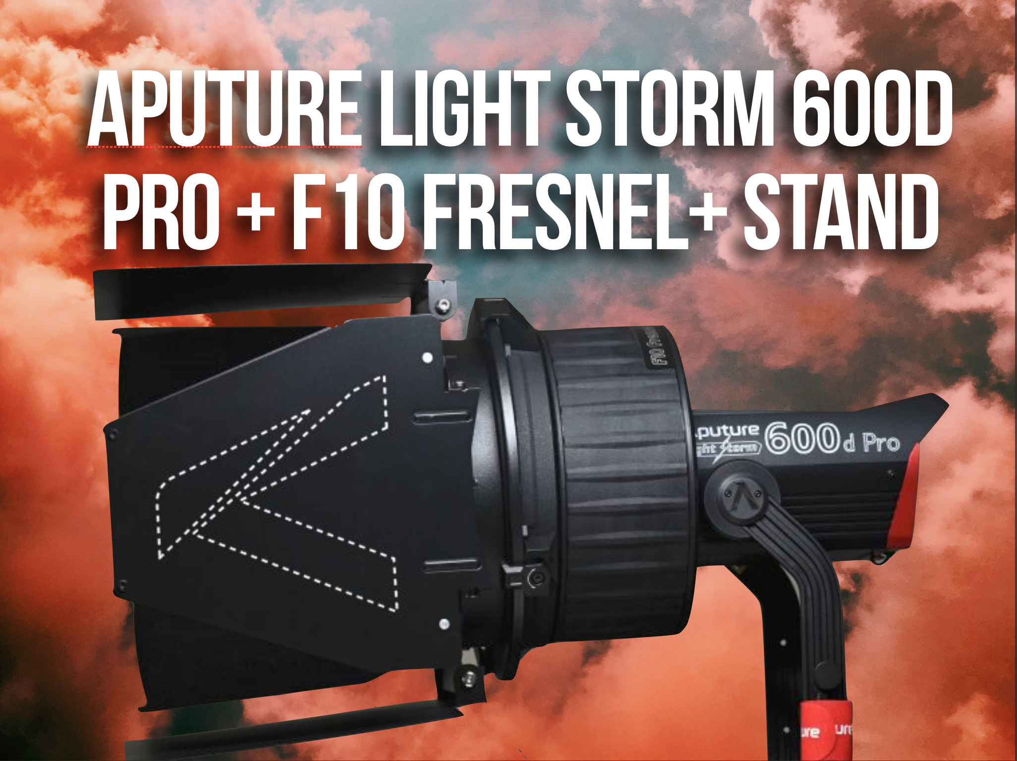 Aputure light storm 600d pro with f10 fresnel, barndoors, and stand