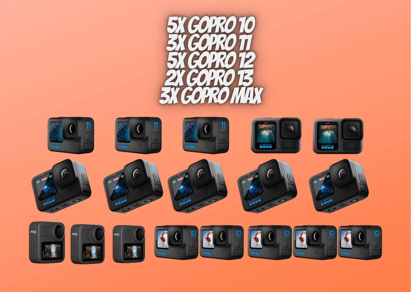 18x gopro (mix of gopro 10, 11, 12, 13, max) action camera bundle