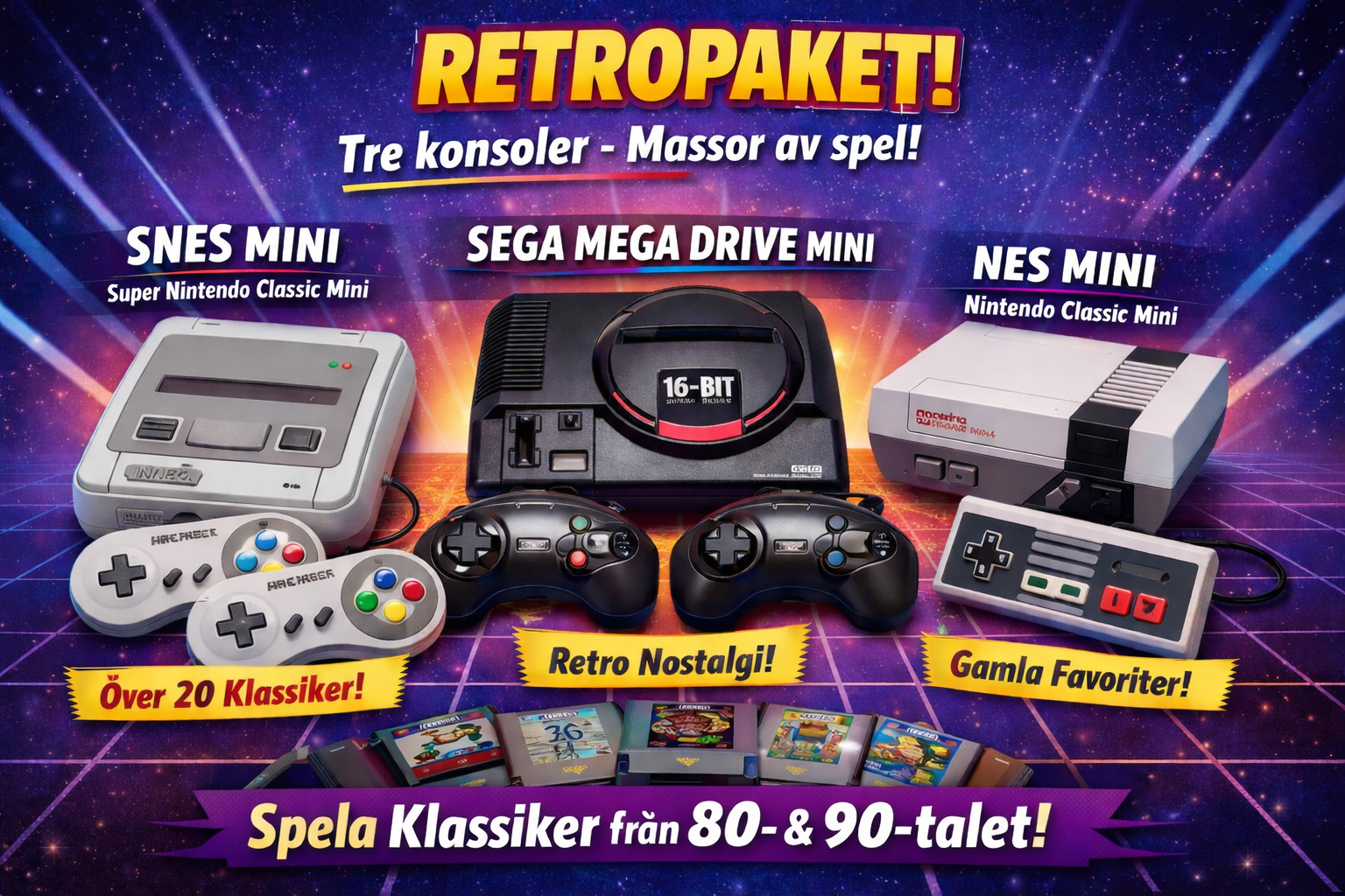 Retro-paket - super nintendo mini, nintendo mini och sega megadrive mini