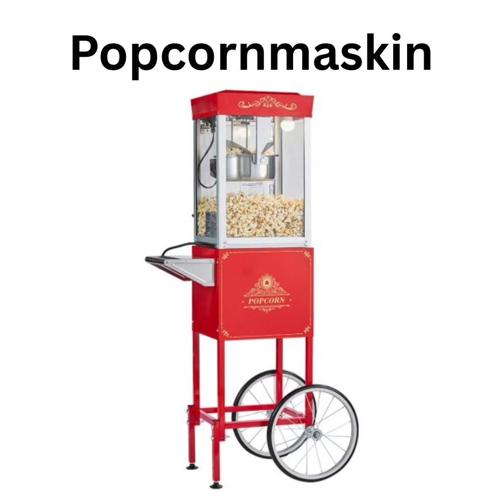 Popcornmaskin med vagn och rostfri stålkittel – 48 koppar per omgång