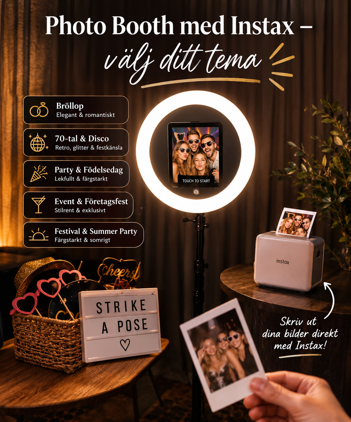 Photo booth + fotoskrivare – välj ditt tema