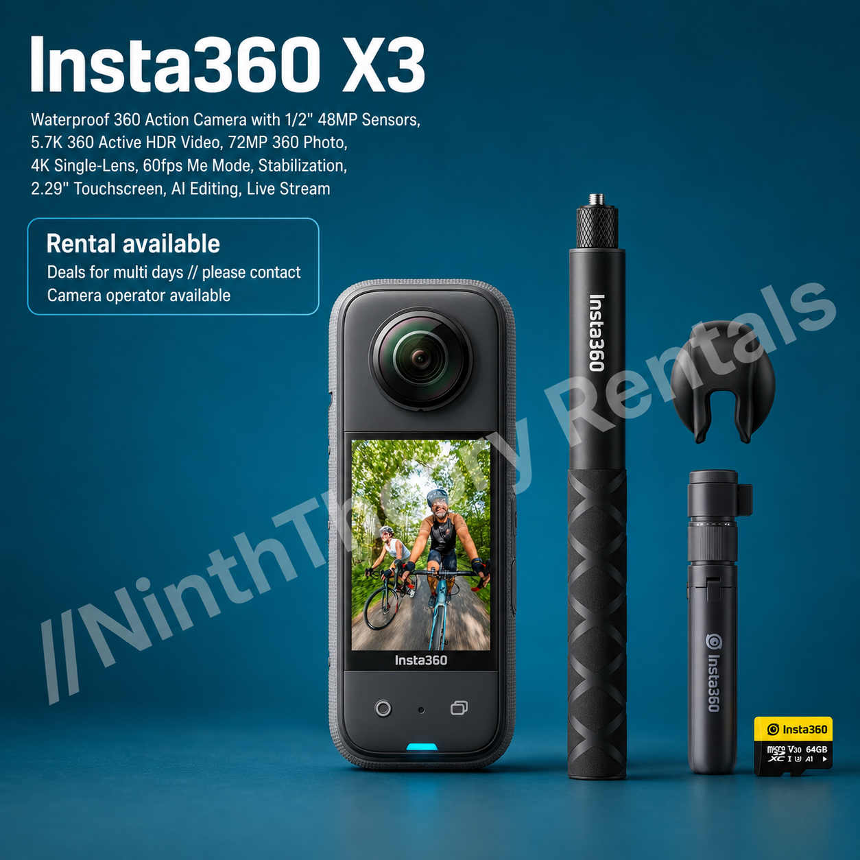 Insta360 x3 - waterproof 360 action camera with 1/2" 48mp sensors, 5.7k 360 active hdr video, 72mp 360 photo, 4k single-lens, 60fps me mode, stabilization, 2.29" touchscreen, ai editing, live stream