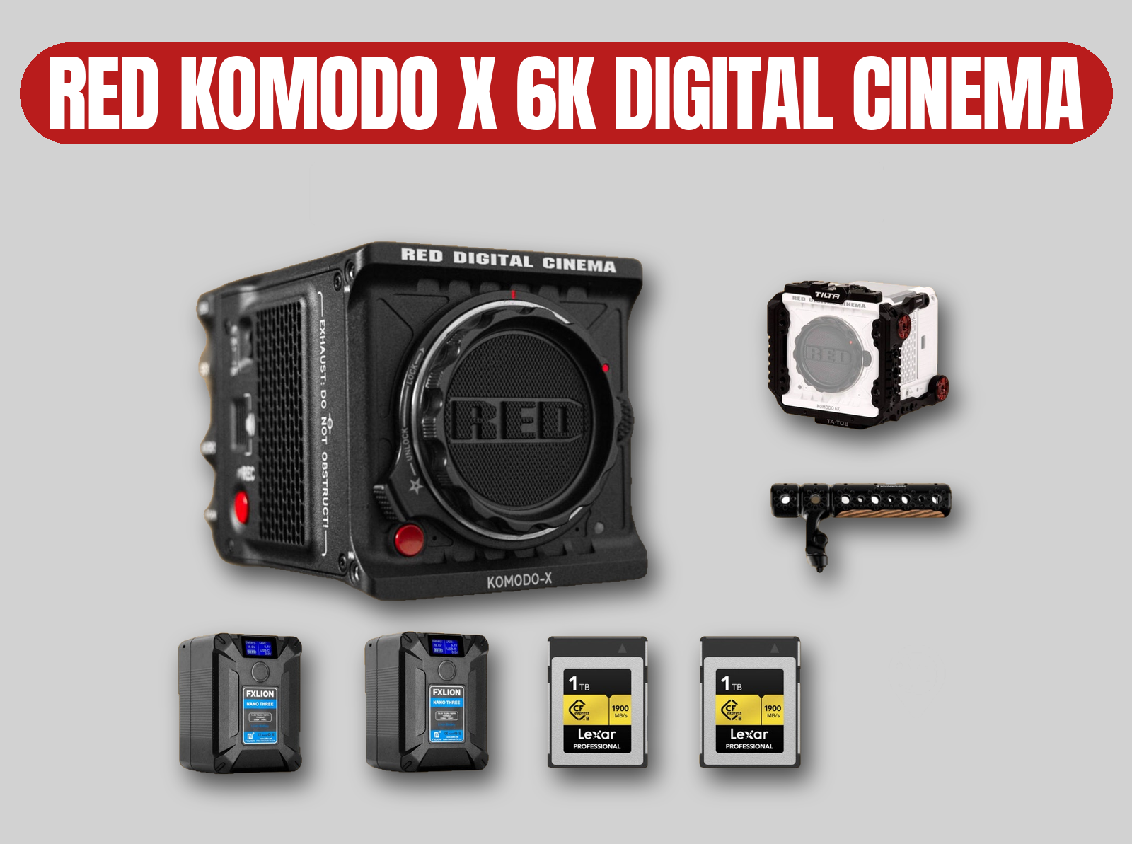 Red komodo x 6k digital cinema camera | v-mount batteries / 2tb cfexpress / cage kit