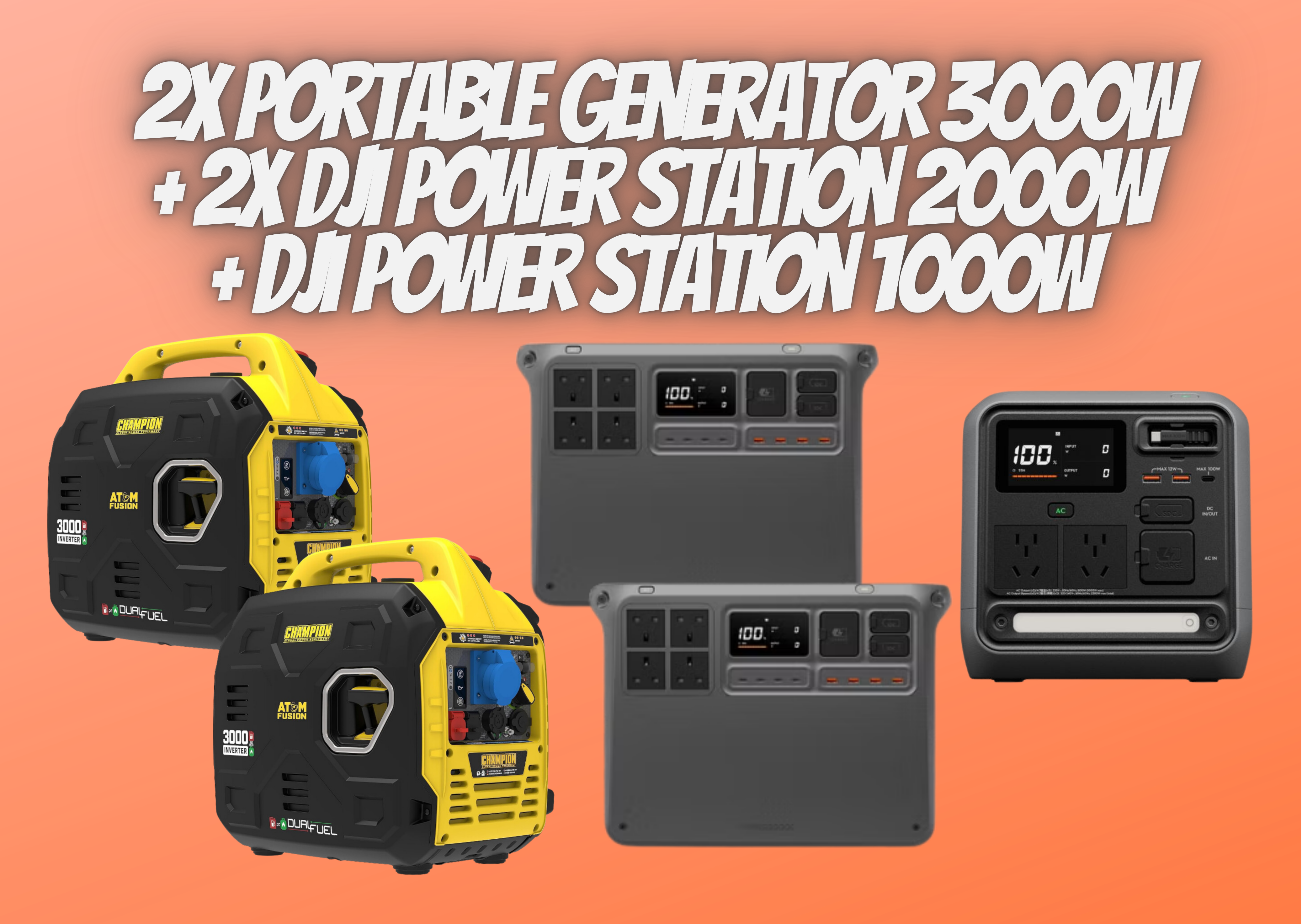 2x dji power station 2000 w and 1x 1000 w, 2x generator 3000w = 11000w portable