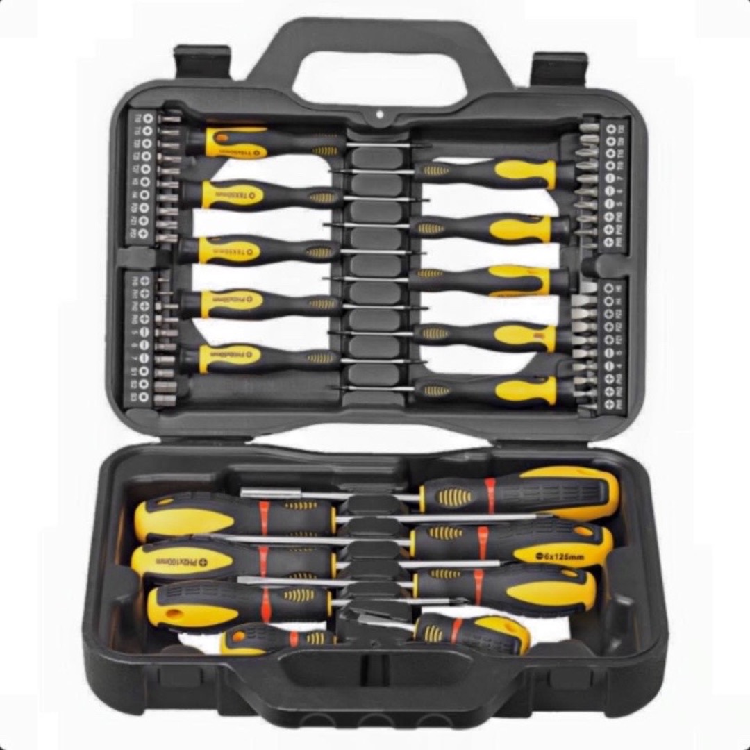 Hard head skruvmejsel & bitssats 58 delar för en rad olika skruvarbeten, tvåkomponentshandtag, & gummerat grepp