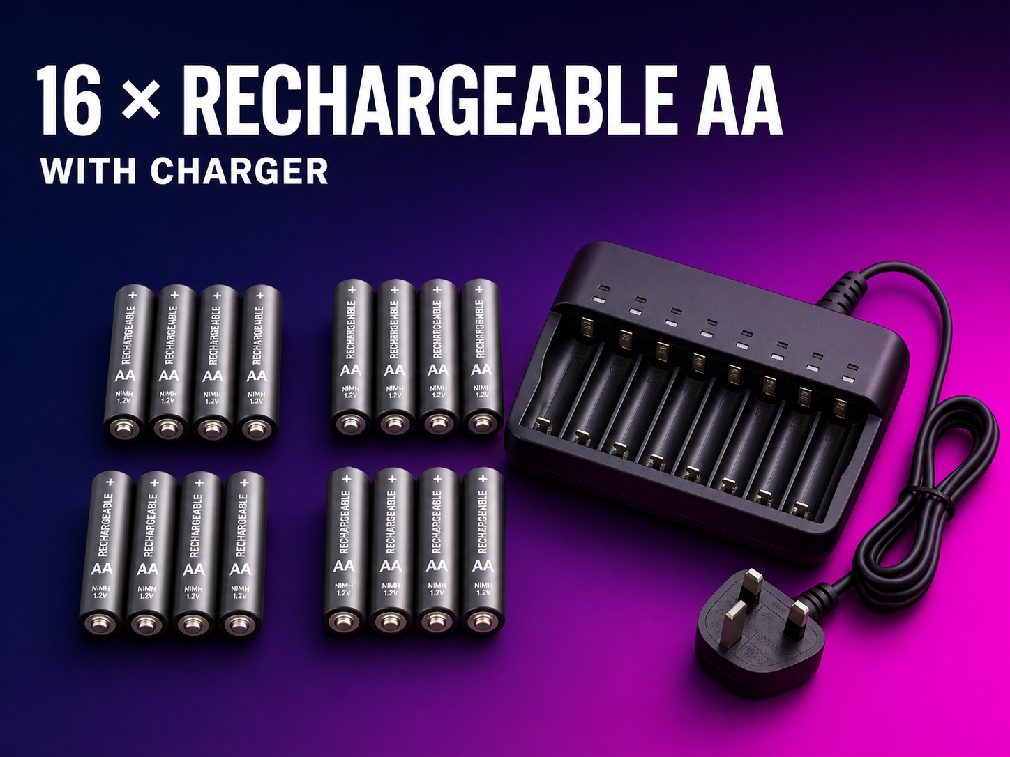16 rechargeable aa batteries with charger