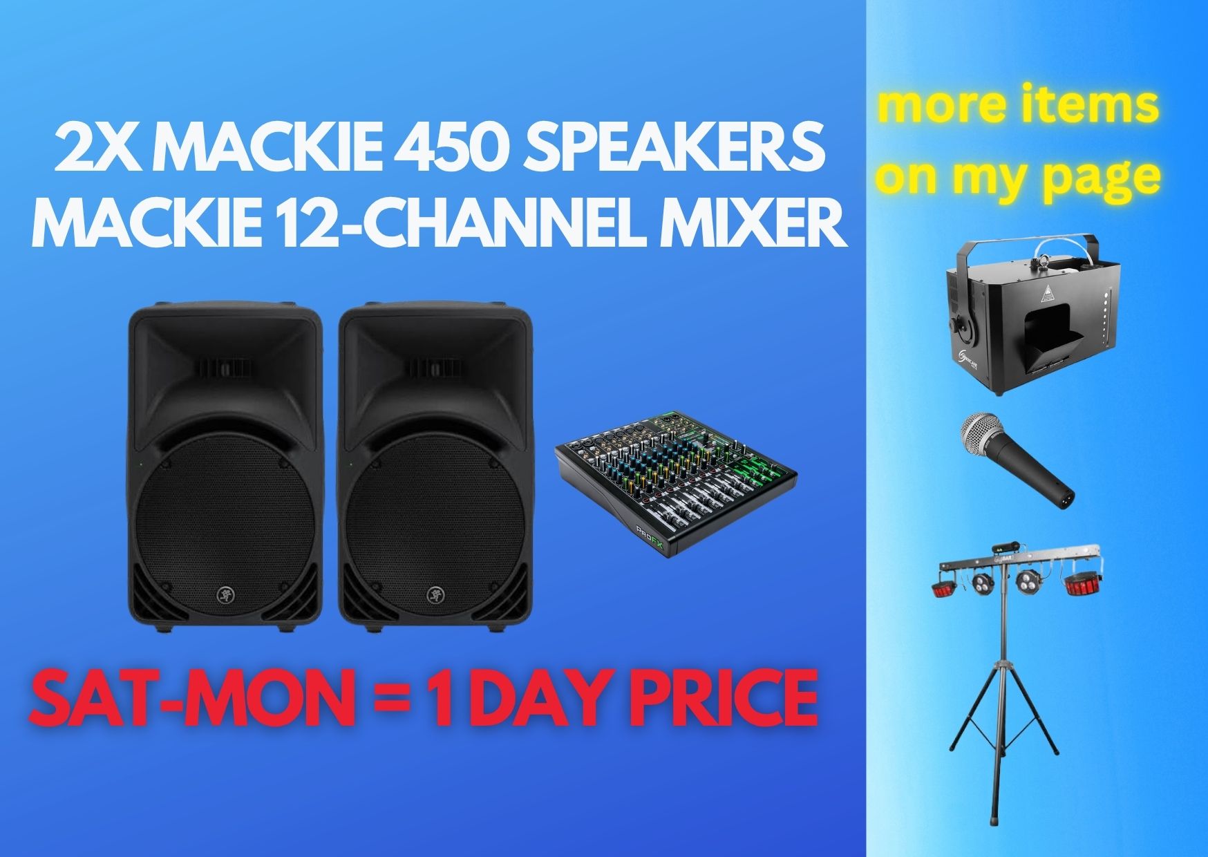 2x mackie srm 450 v3 speakers + mackie 12 channel mixer audio party bundle