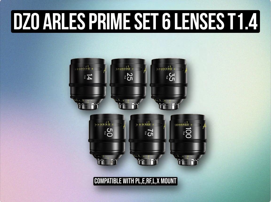 Dzo arles prime set 6 lenses t1.4 14,25,35,50,75,100mm dzofilm pl mount (e,l,x,rf) digital cinema lens