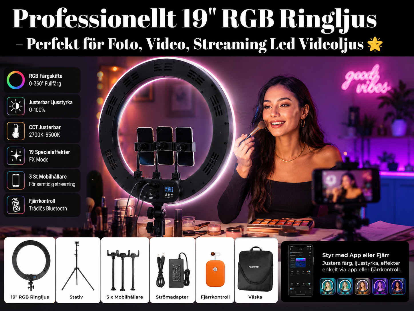 💡🌈 professionellt 19" rgb ringljus – perfekt för foto, video & streaming