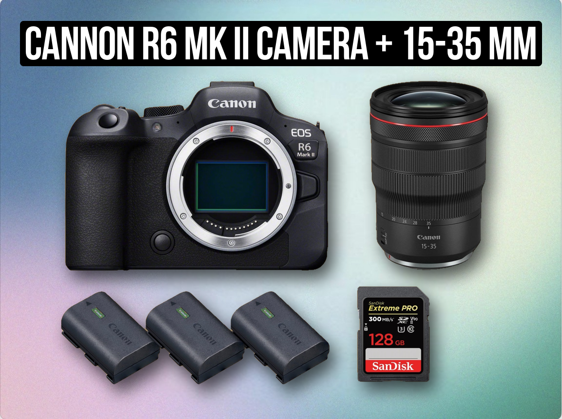 Cannon r6 mk ii camera + 15-35 mm wide zoom lens rf + batteries + 128gb sd card 