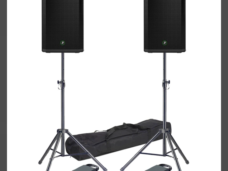 2 large speakers with stands