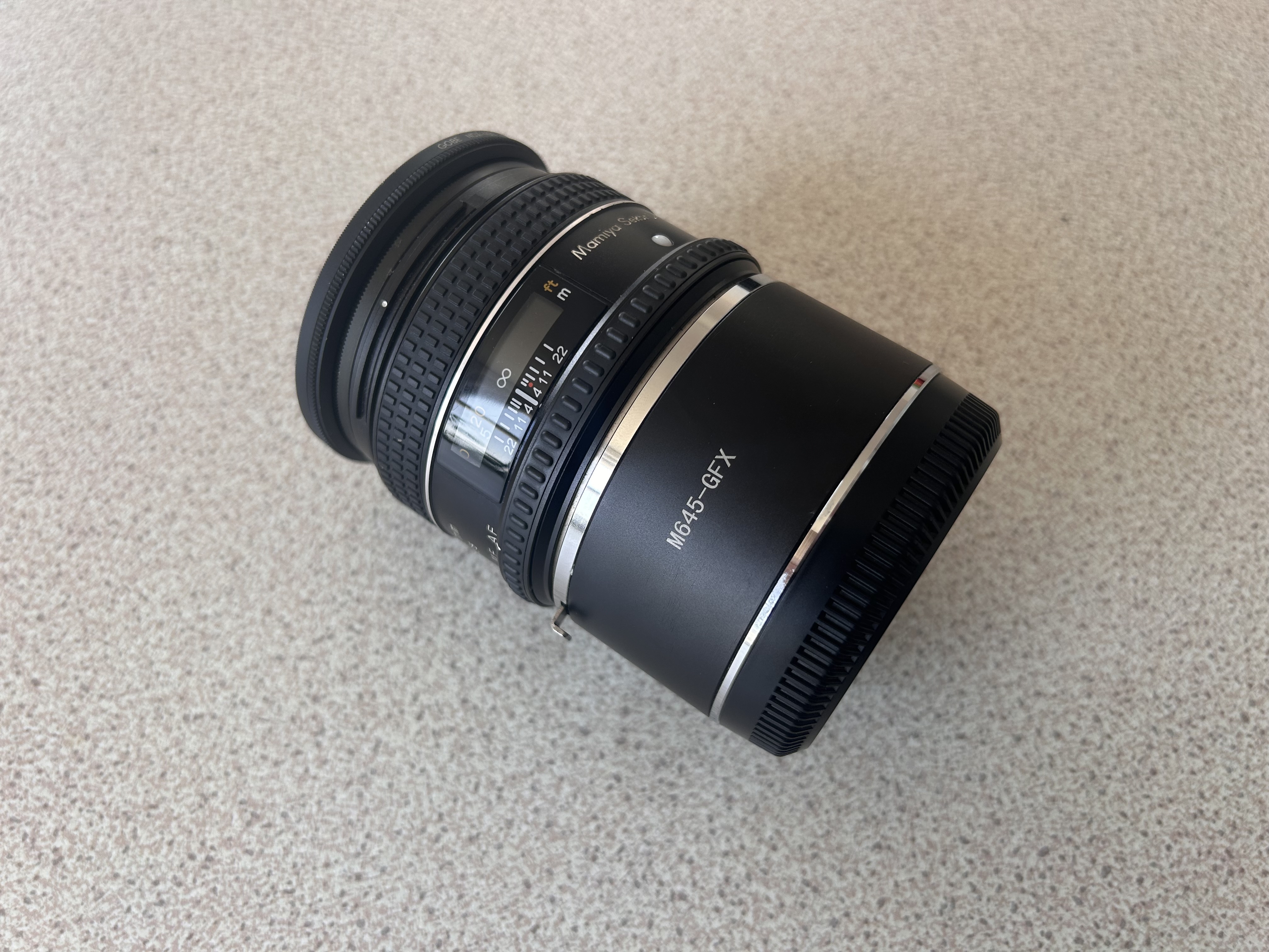 Mamiya 645 80mm sekor d with m645>gfx adapter