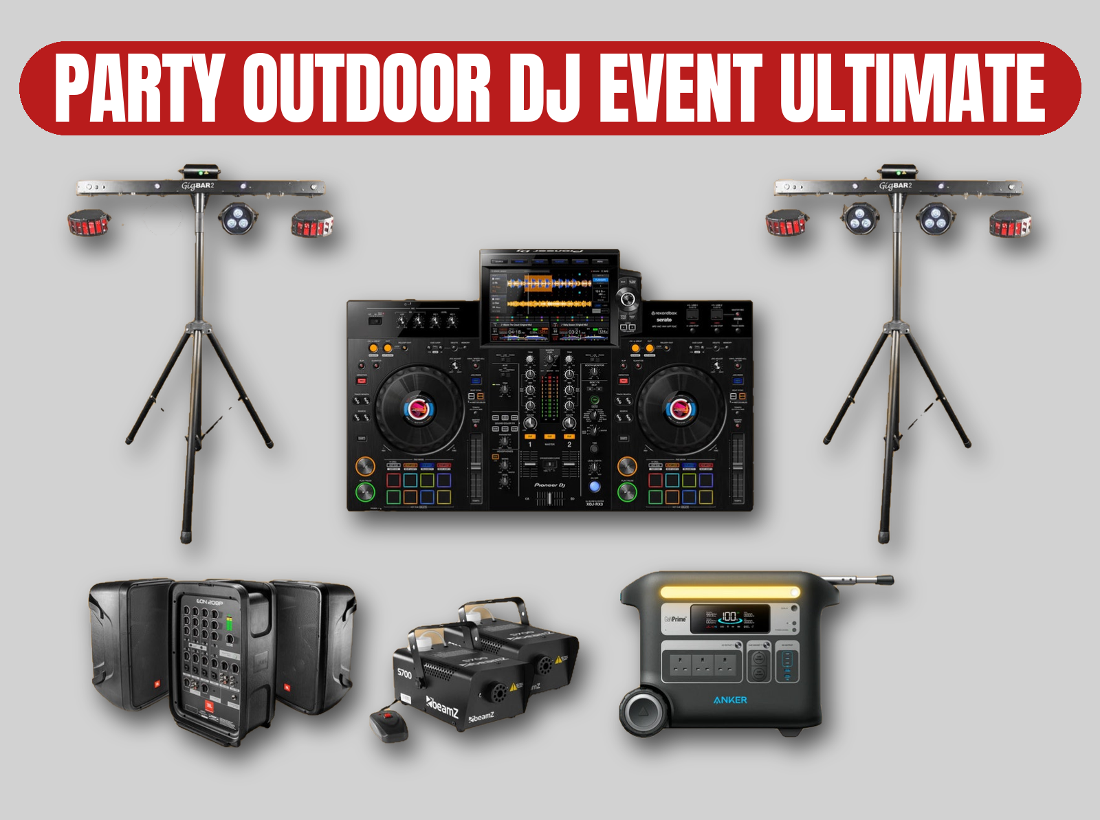 Pioneer dj xdj-rx3, jbl eon 208p | ultimate dj party, outdoor event, lights, lasers, smoke, power kit