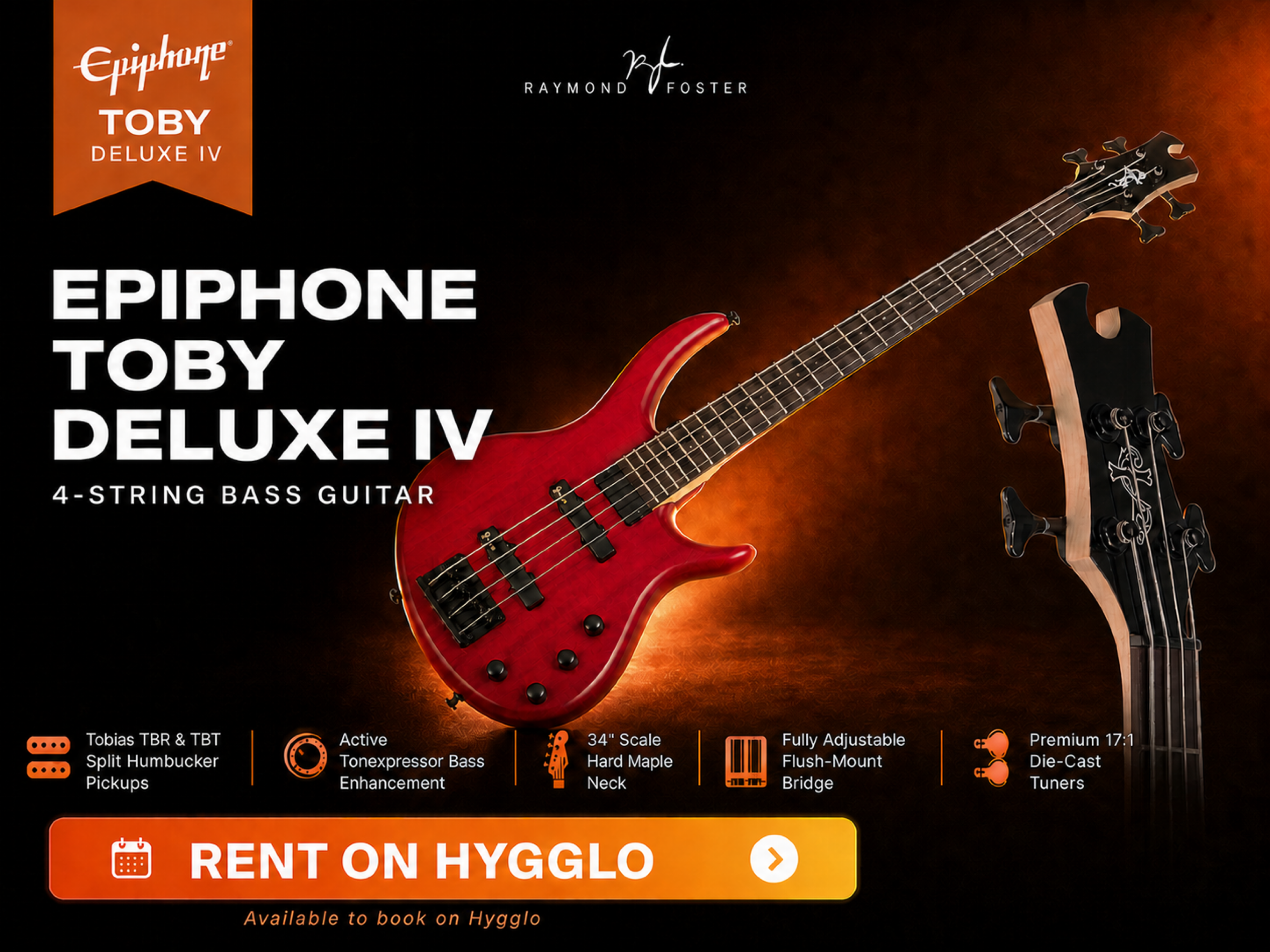 Epiphone toby deluxe iv 4-string bass guitar – ruby