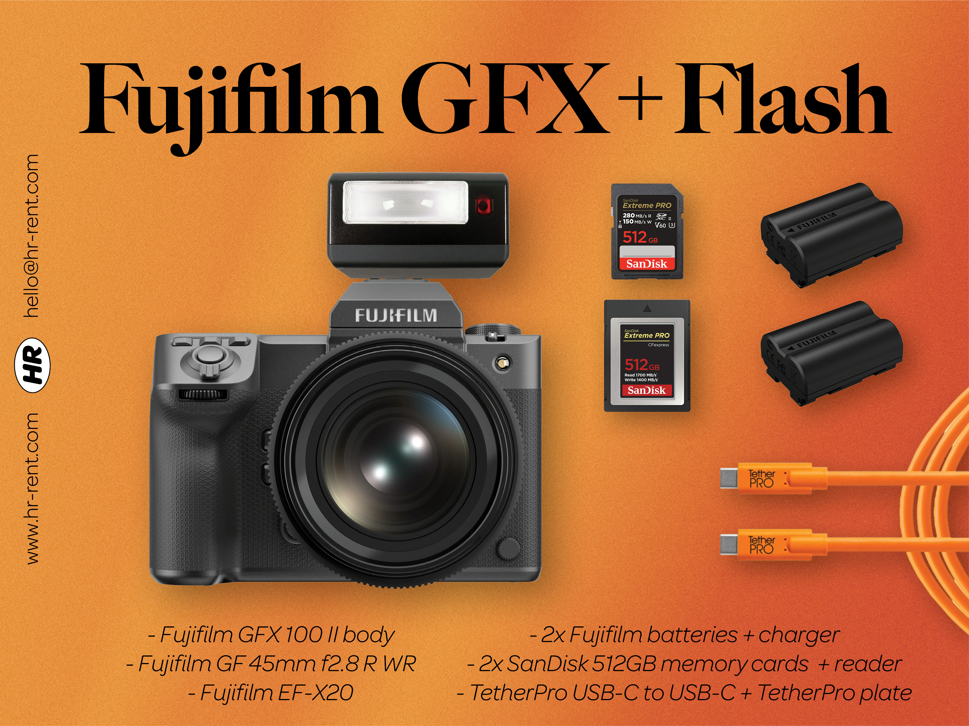 Fuji fujifilm gfx 100 ii medium format + gf 45mm f2.8 + ef-x20 flash