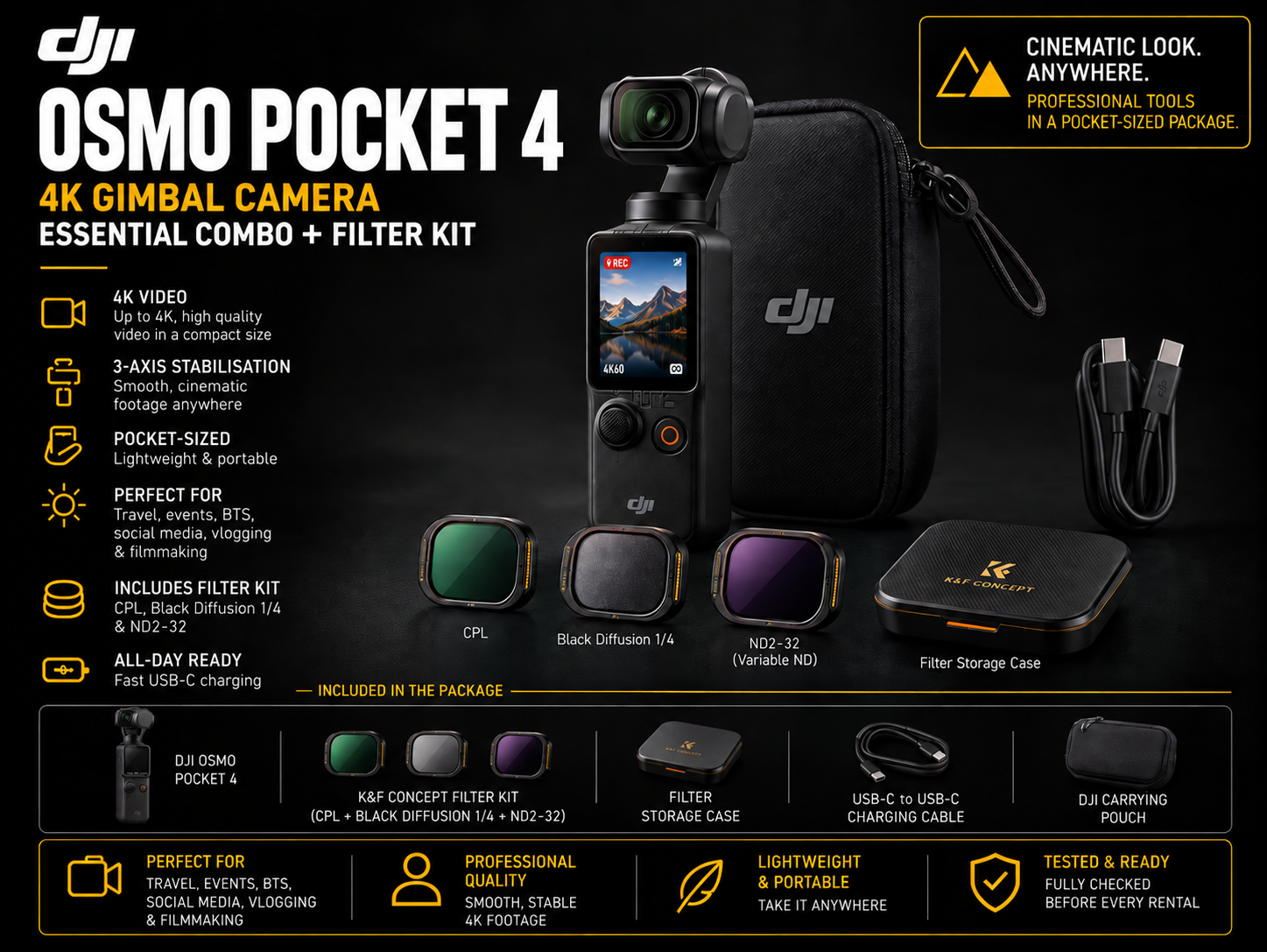 Dji osmo pocket 4 + with filter kit – 4k gimbal camera