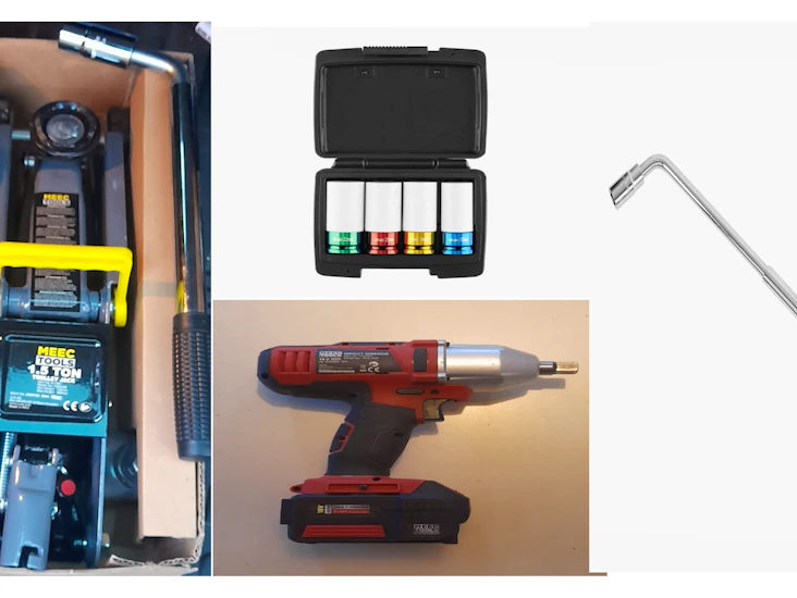 Domkraft, verktygssats för hjulbyte, mutterdragare,hjulmutterhylsor,hjulmutternyckel