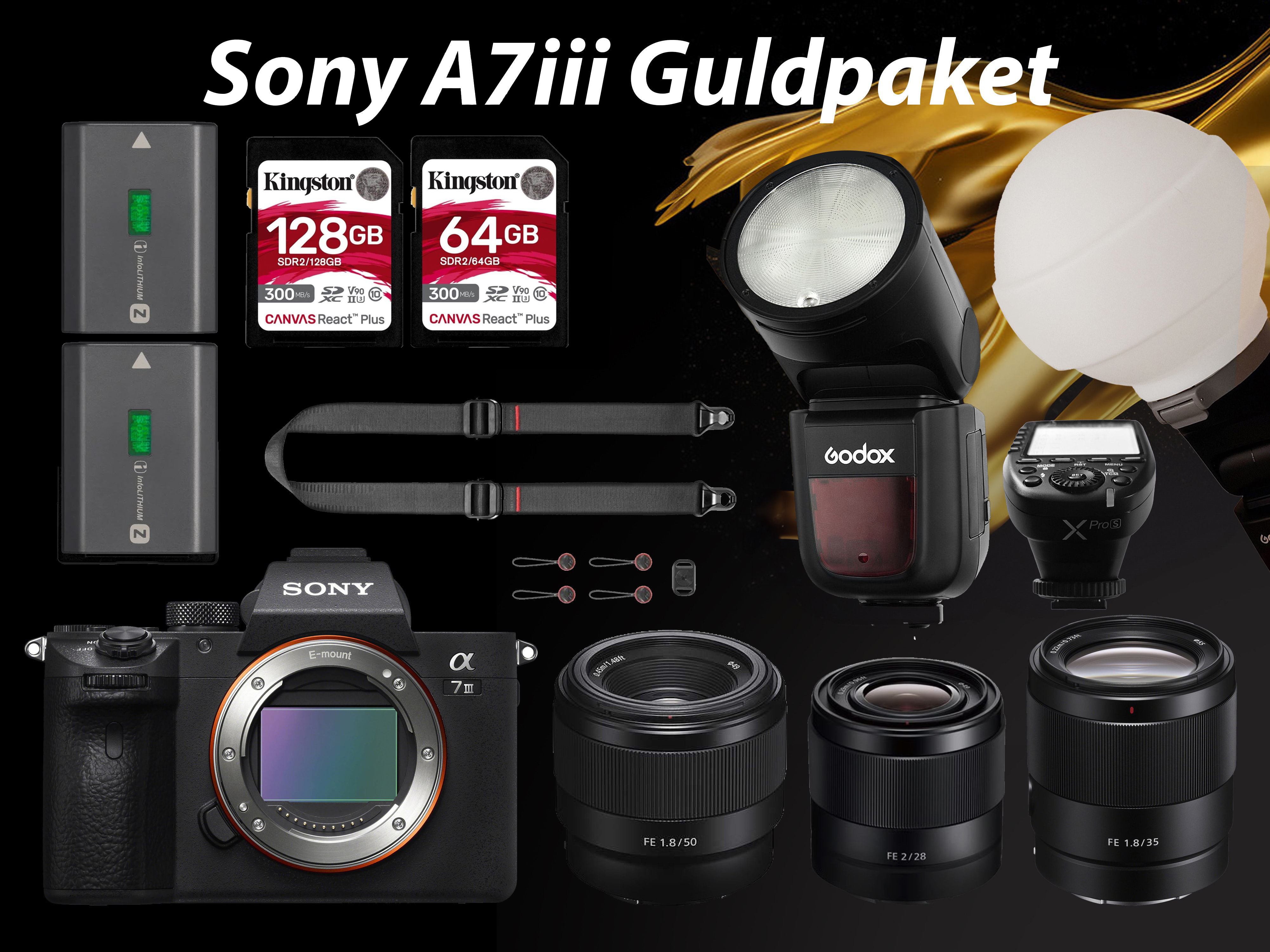 Sony a7iii + 28mm + 35mm + 50mm + godox v1 blixt