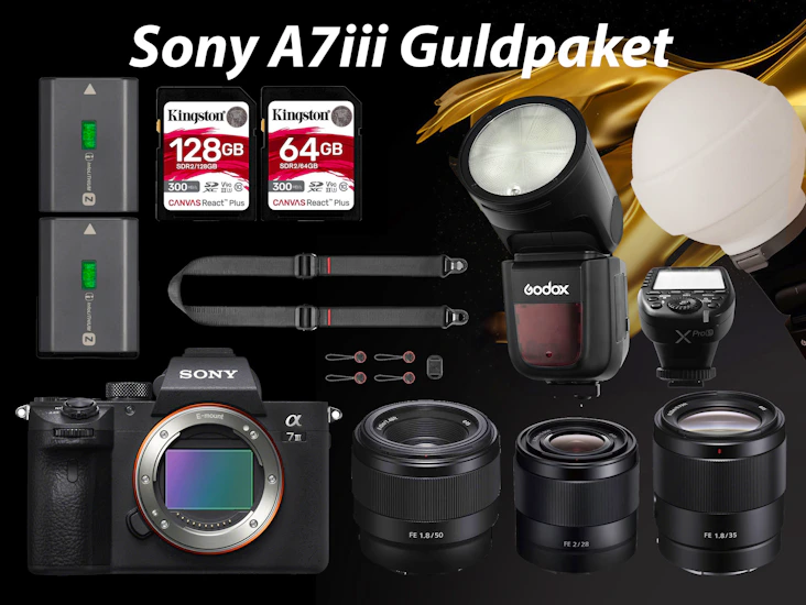 Sony a7iii + 28mm + 35mm + 50mm + godox v1 blixt