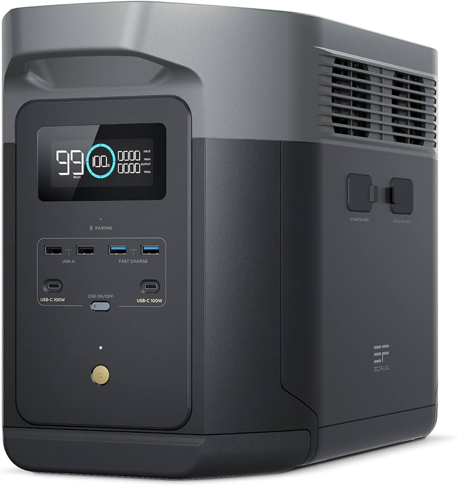 Ecoflow delta max 2 portable electric power station power bank - 2.4kw current, 2kwh capacity, 1 hour full charge time, silent running