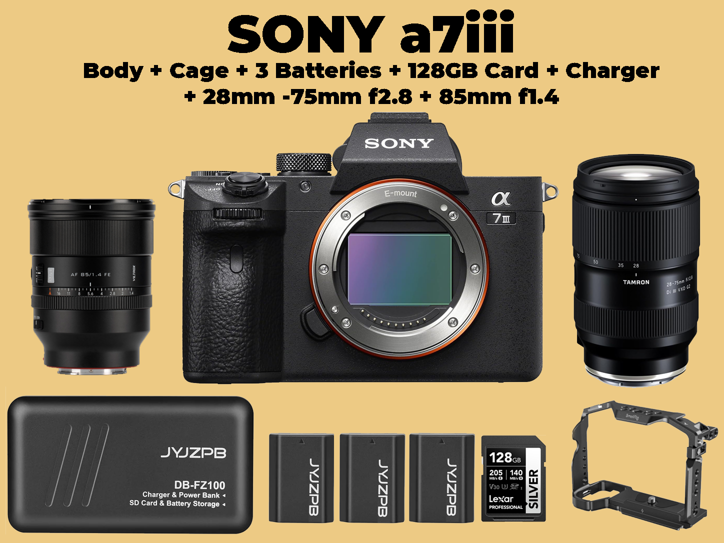 Sony a7iii + 28mm-75mm f2.8 + 85mm f1.4 + 3 batteries +128 gb card + cage