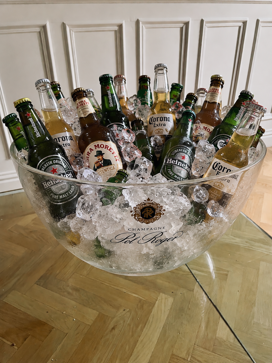 Exklusiv pol roger champagnekylare – stor isbalja i plexiglas för fest & event