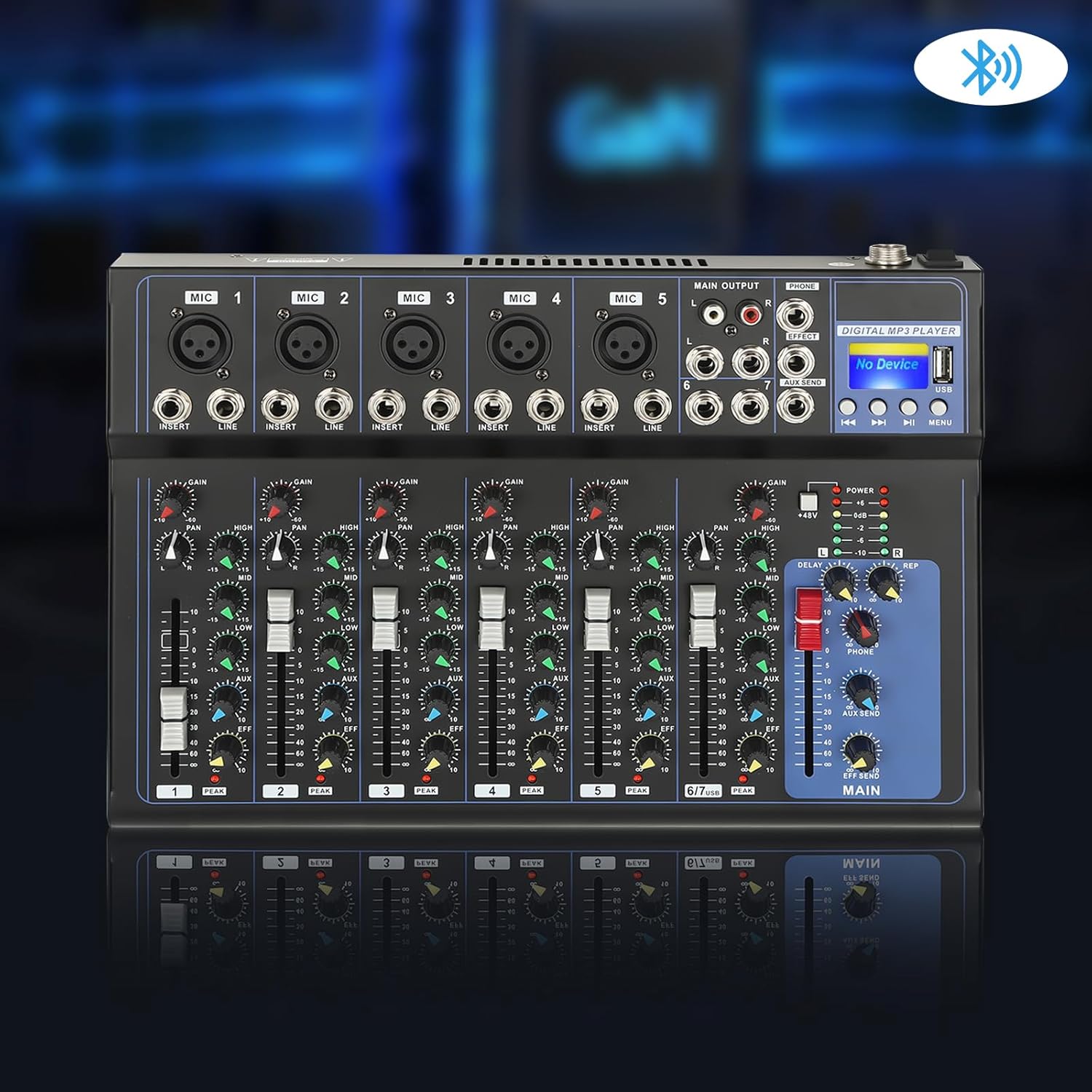 Bluetooth audio dj mixer,usb dj sound mixing console 7-channel bands mixing boards,multiple connections,multiple music modes,three-band equalizer
