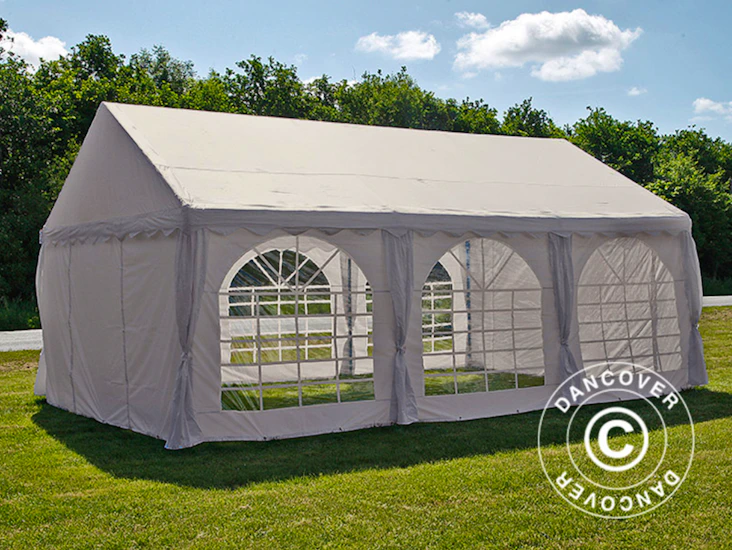 Partytält 4x6m med stora ljusinsläpp i beige sandfärg