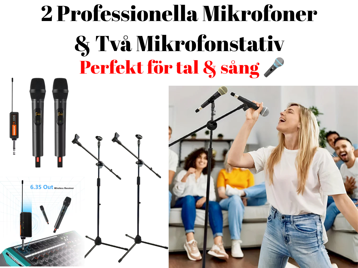 Komplett mikrofonset med 2 stativ – för fest, karaoke, bröllop, framträdanden och mycket mer🎉