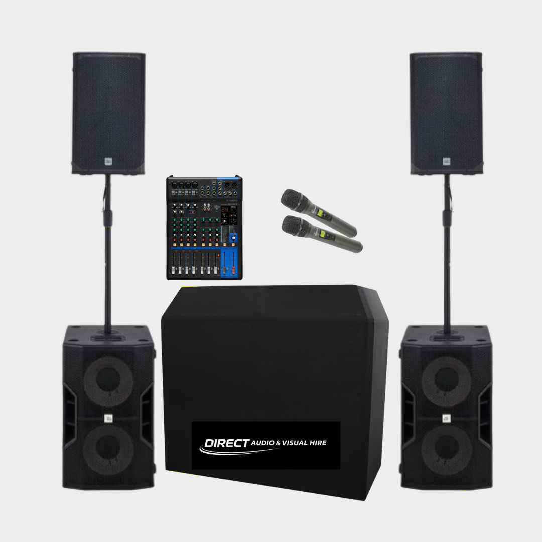 X2 active speakers 12" (1,000-1,500 watts),  x2 subwoofers (4,000 watts) x2 speaker poles, x1 mixer, x2 wireless microphones, x1 aux cable, x1 rca cable & x1 dj booth 
