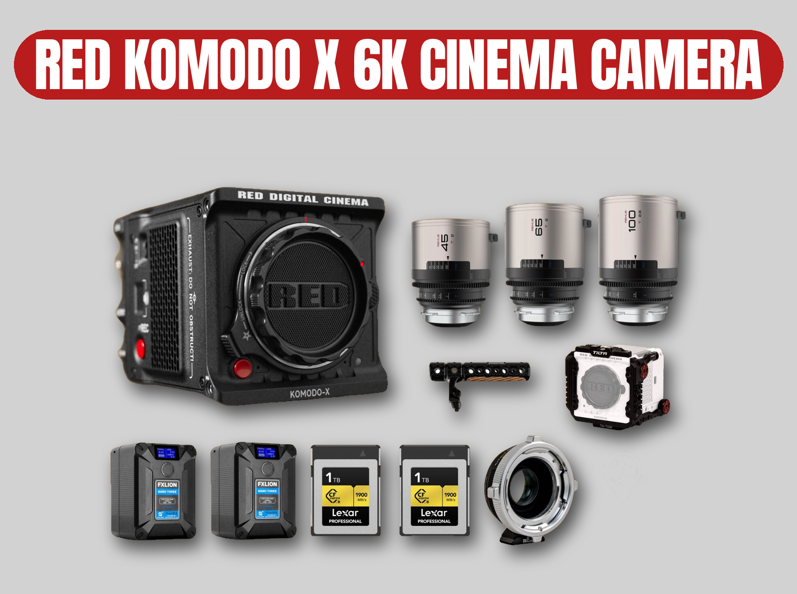 Red komodo x 6k cinema camera | remus blazar anamorphic lens set | rf / pl mount | v-mount power | 2tb storage