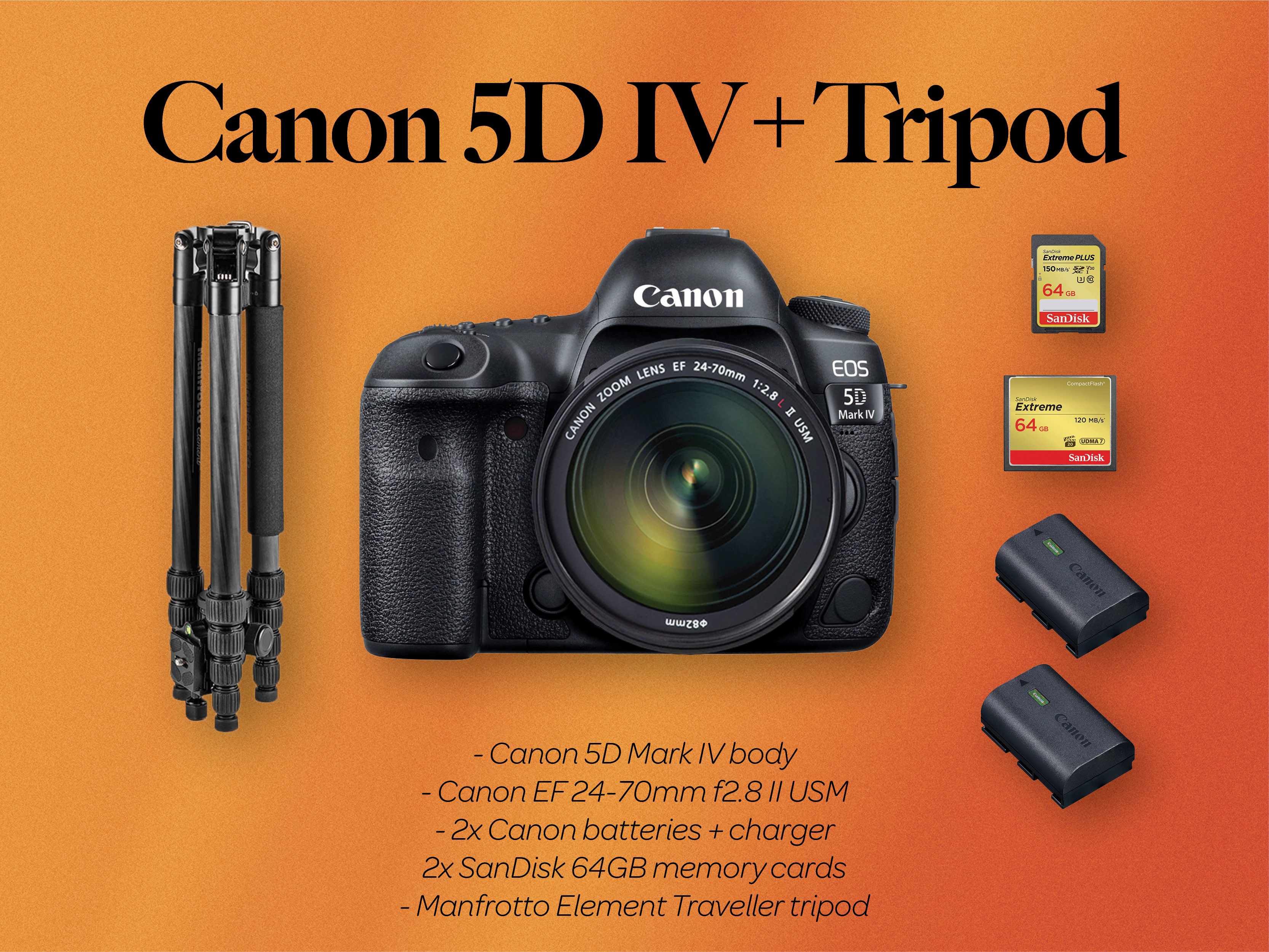 Canon 5d mark iv + 24-70mm f2.8 lens + manfrotto tripod (canon 5d iv)