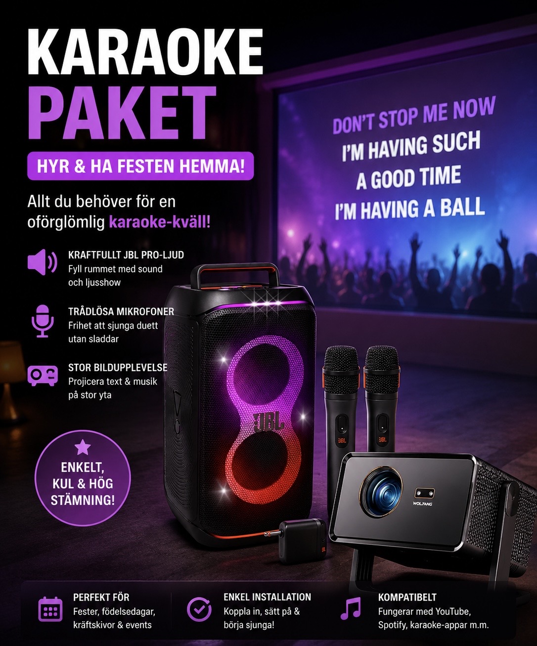 Karaoke paket med högtalare, 2 trådlösa mikrofoner och projektor