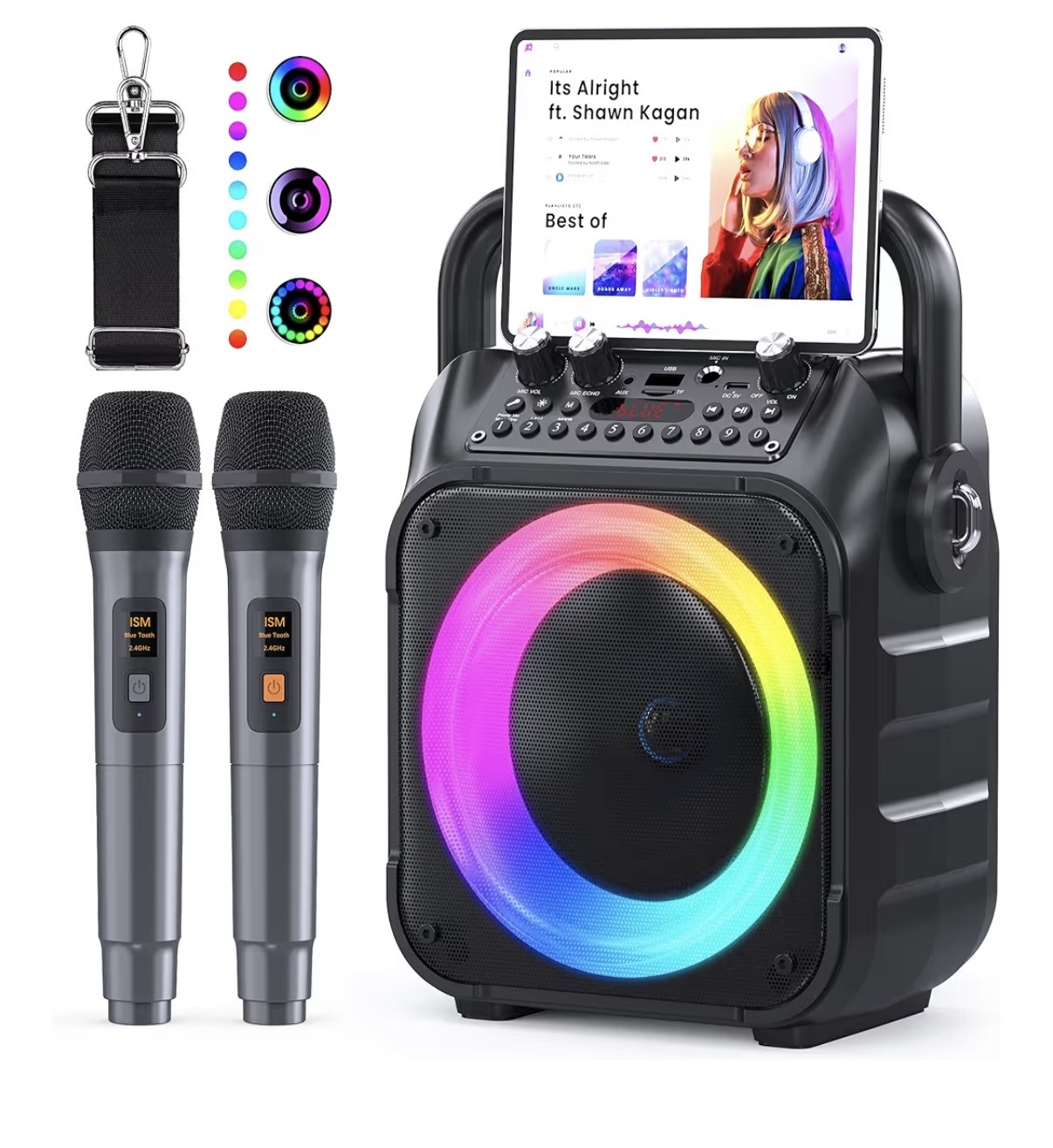 Karaokemaskin- högtalare och 2 mikrofon