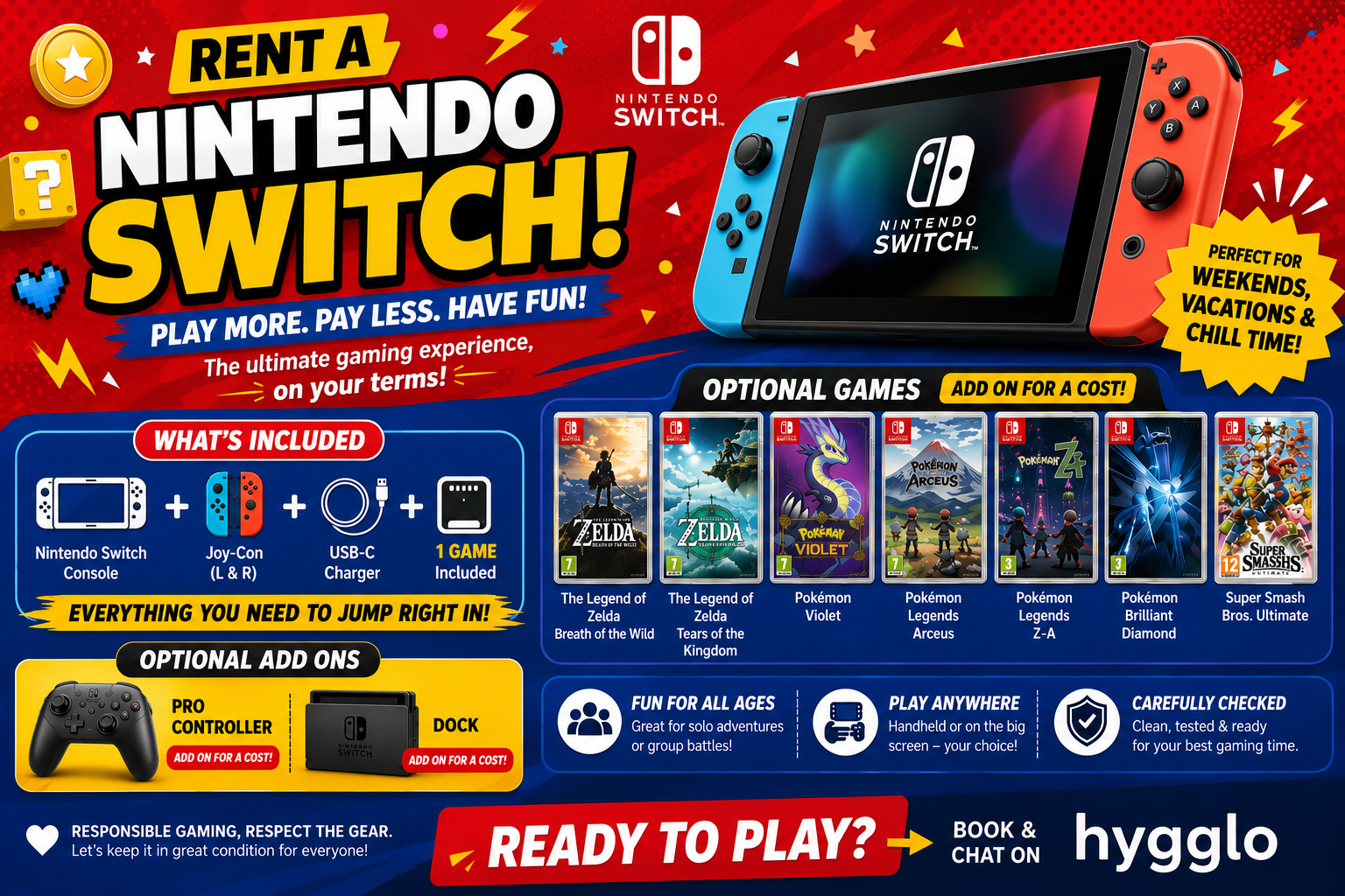Nintendo switch rental | zelda • pokémon • smash bros | 1 game included