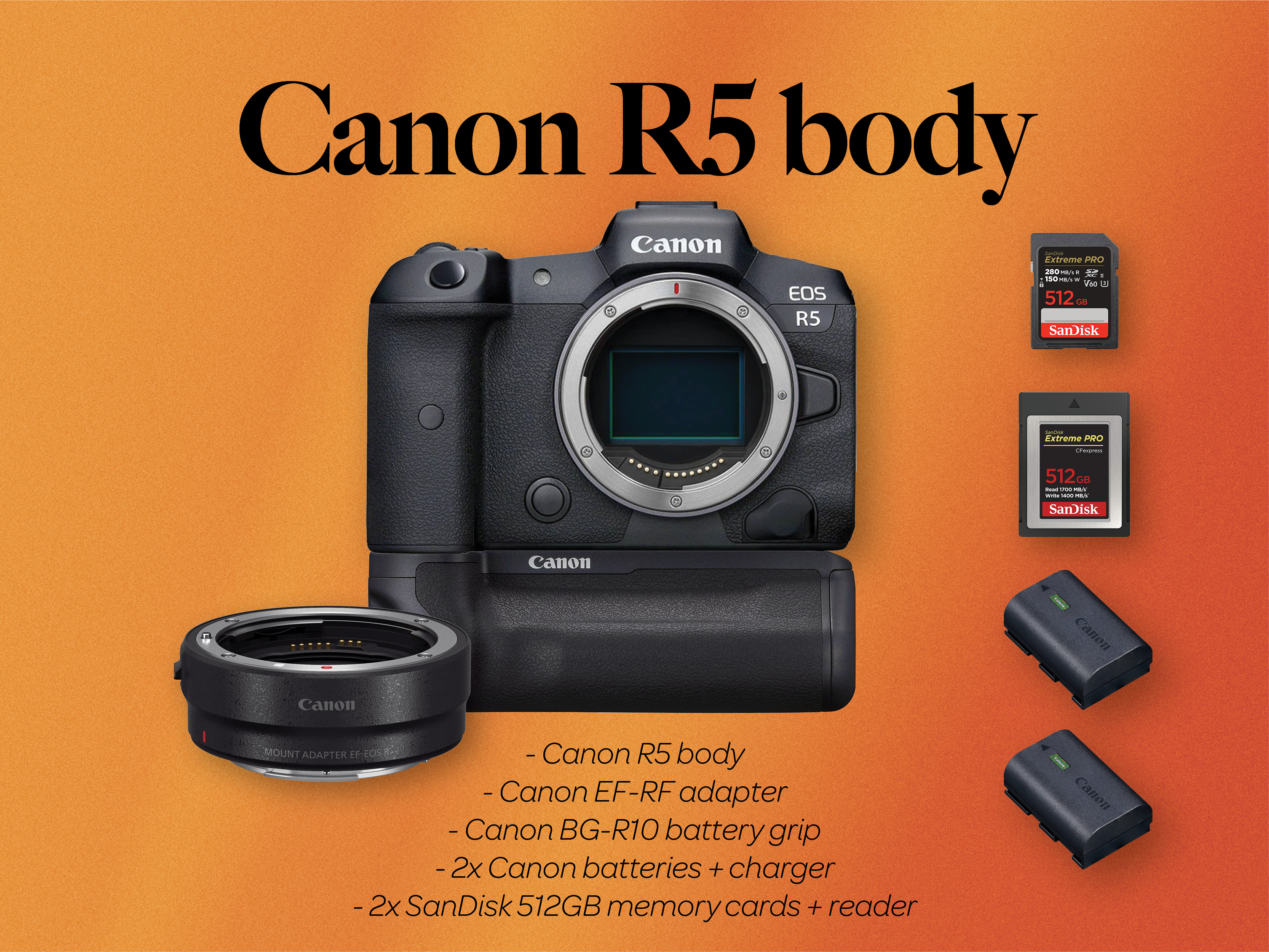 Canon r5 body + canon bg-r10 battery grip + canon ef-rf adapter