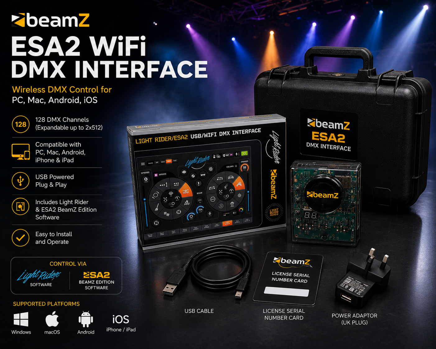 Beamz light rider esa2 wireless dmx interface usb & wi-fi control