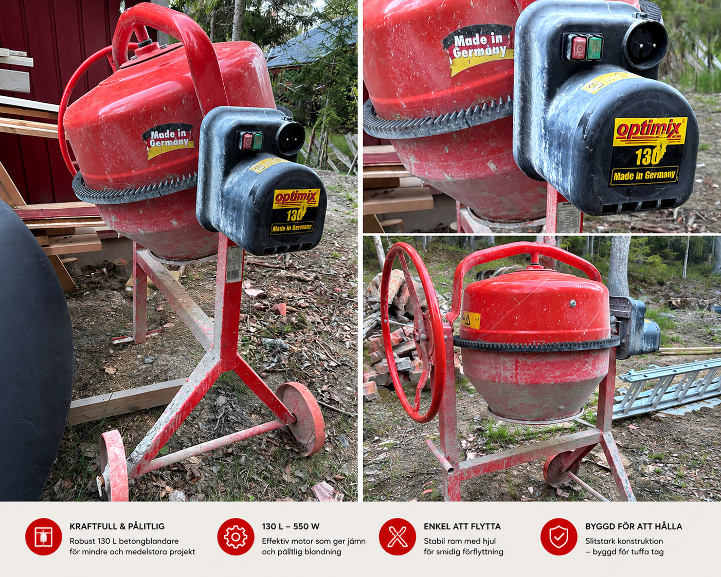 Betongblandare optimix 130l – uthyres
