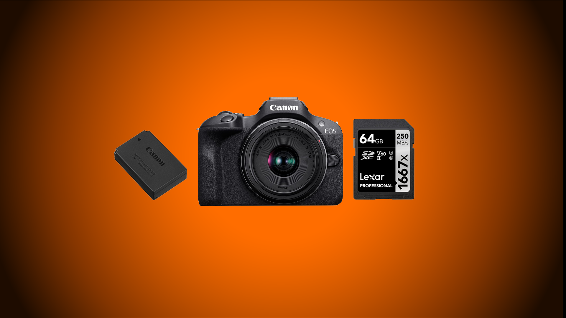 Canon eos r100 (body only)+ battery + 64gb uhs-ii sd card