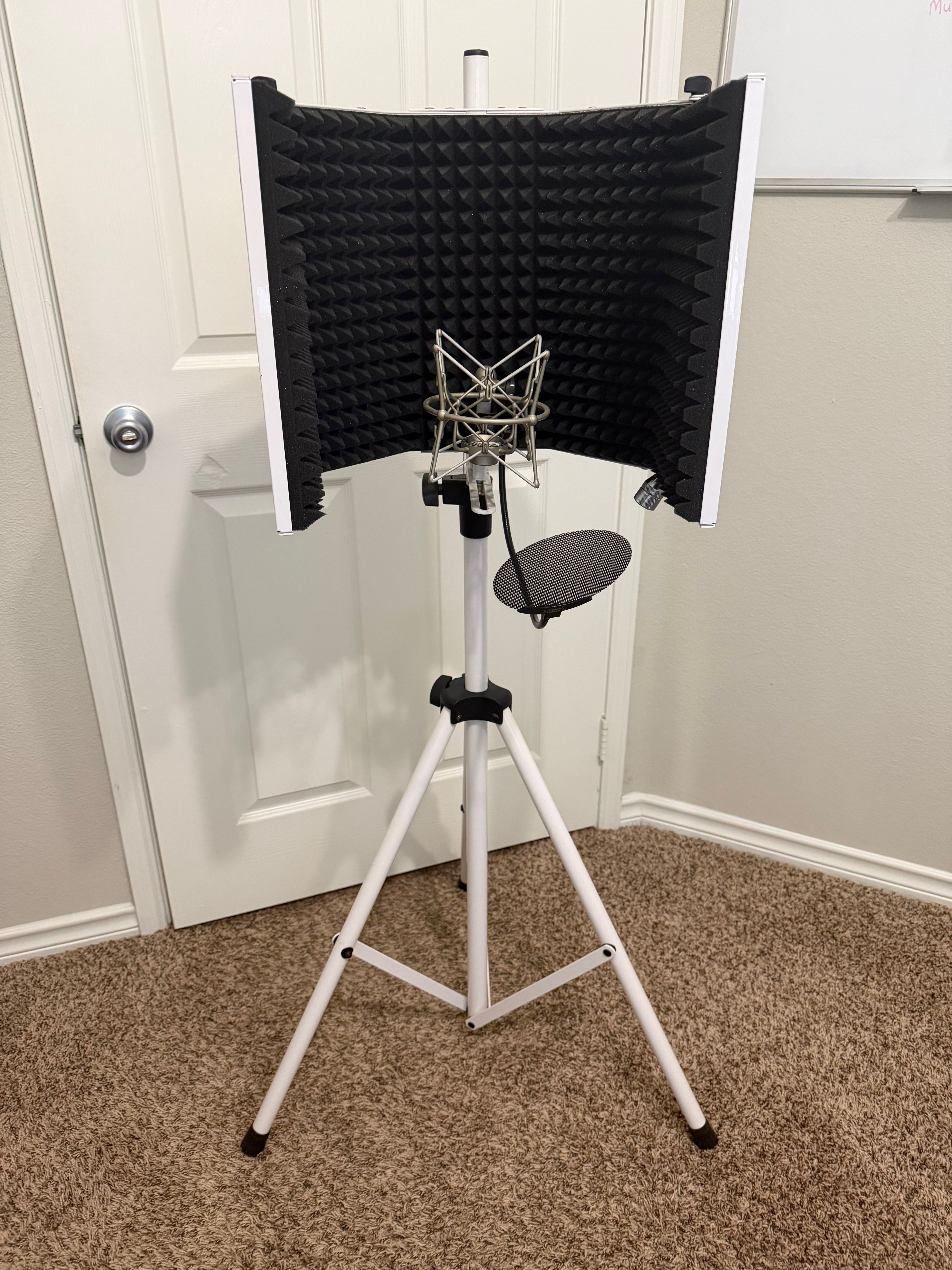 White axcessables studio microphone stand w/ attached sound absorption & isolation field