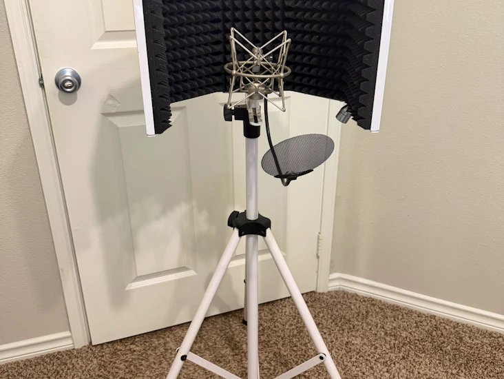 White axcessables studio microphone stand w/ attached sound absorption & isolation field