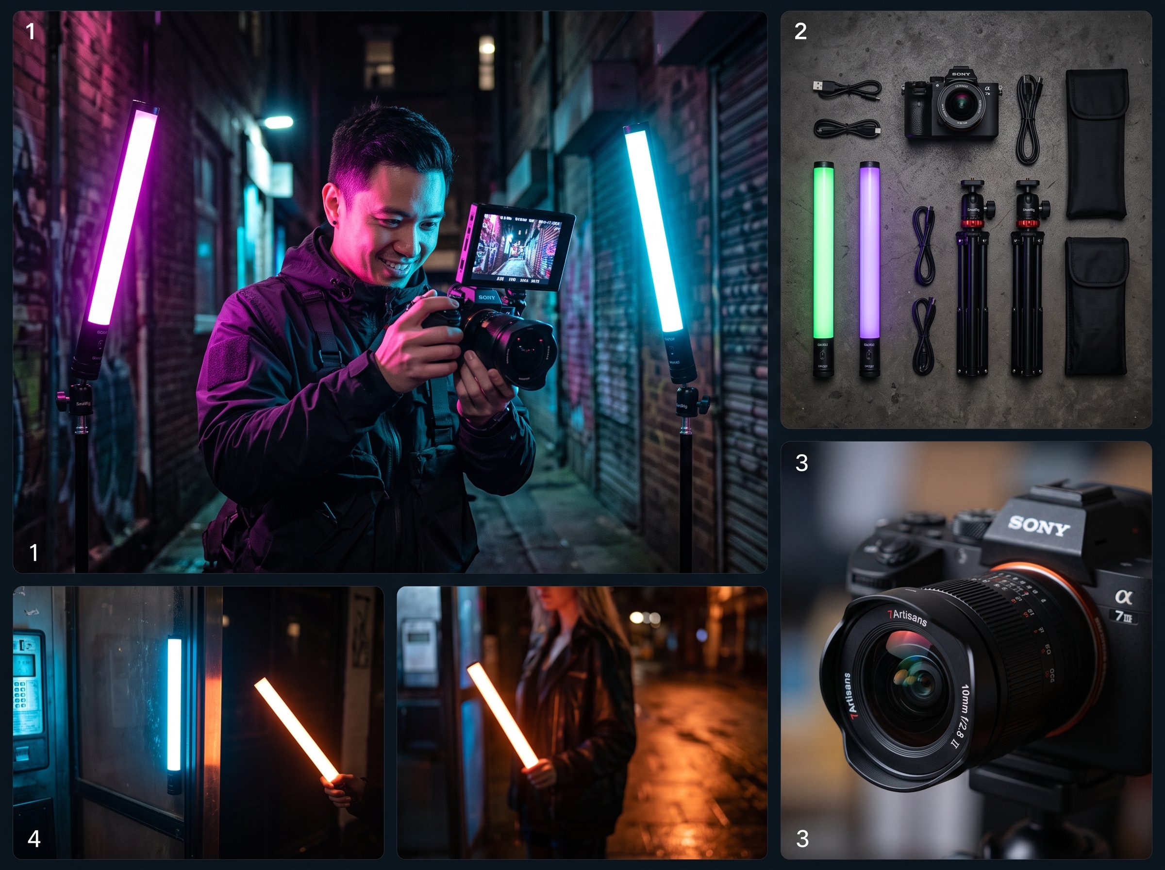 Sony fe cyberpunk & music video kit: 10mm fisheye + 2x godox rgb tube lights