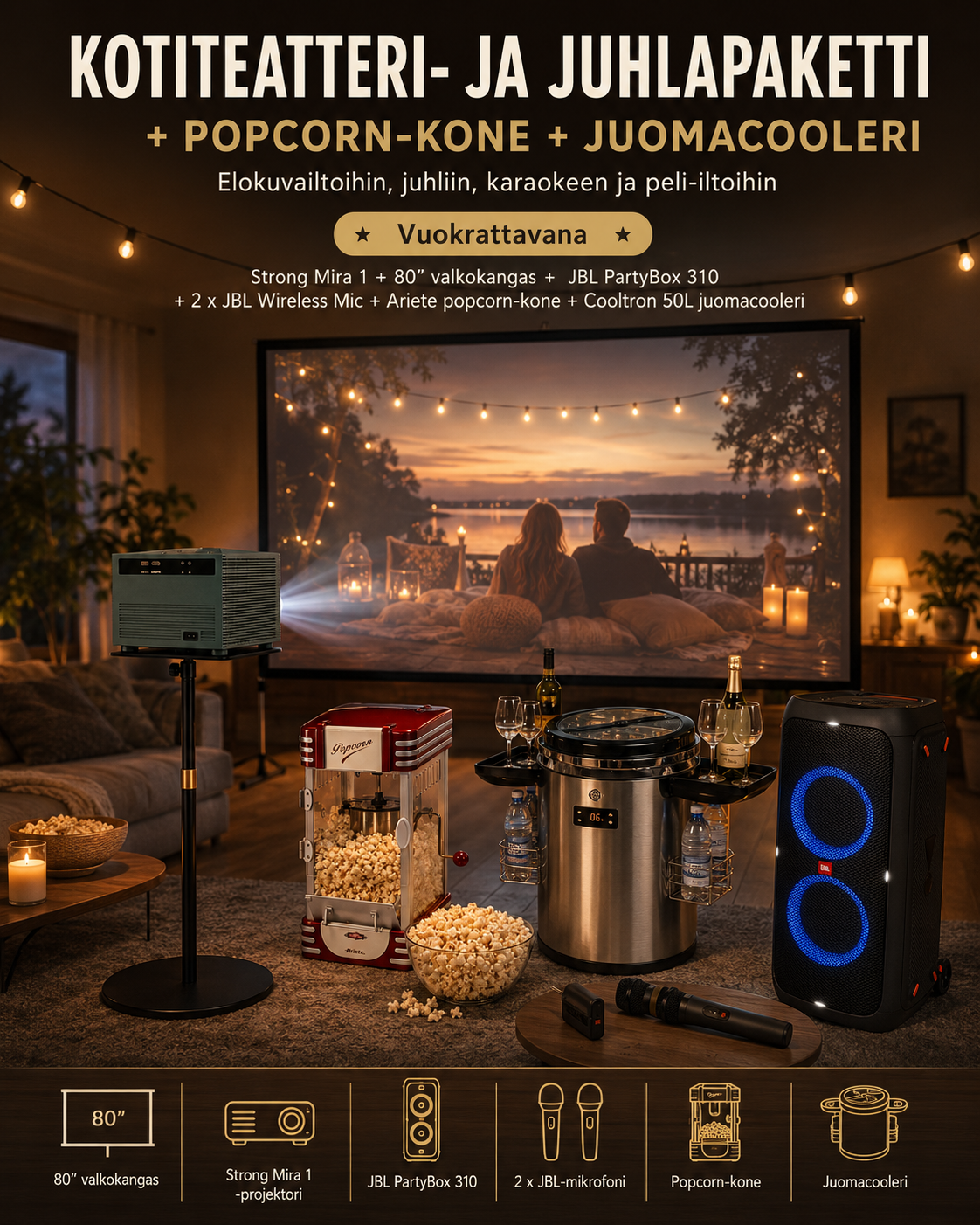 ✨🎬🔊 kotiteatteri- ja juhlapaketti + popcorn-kone + juomacooleri vuokraan 🍿🧊✨