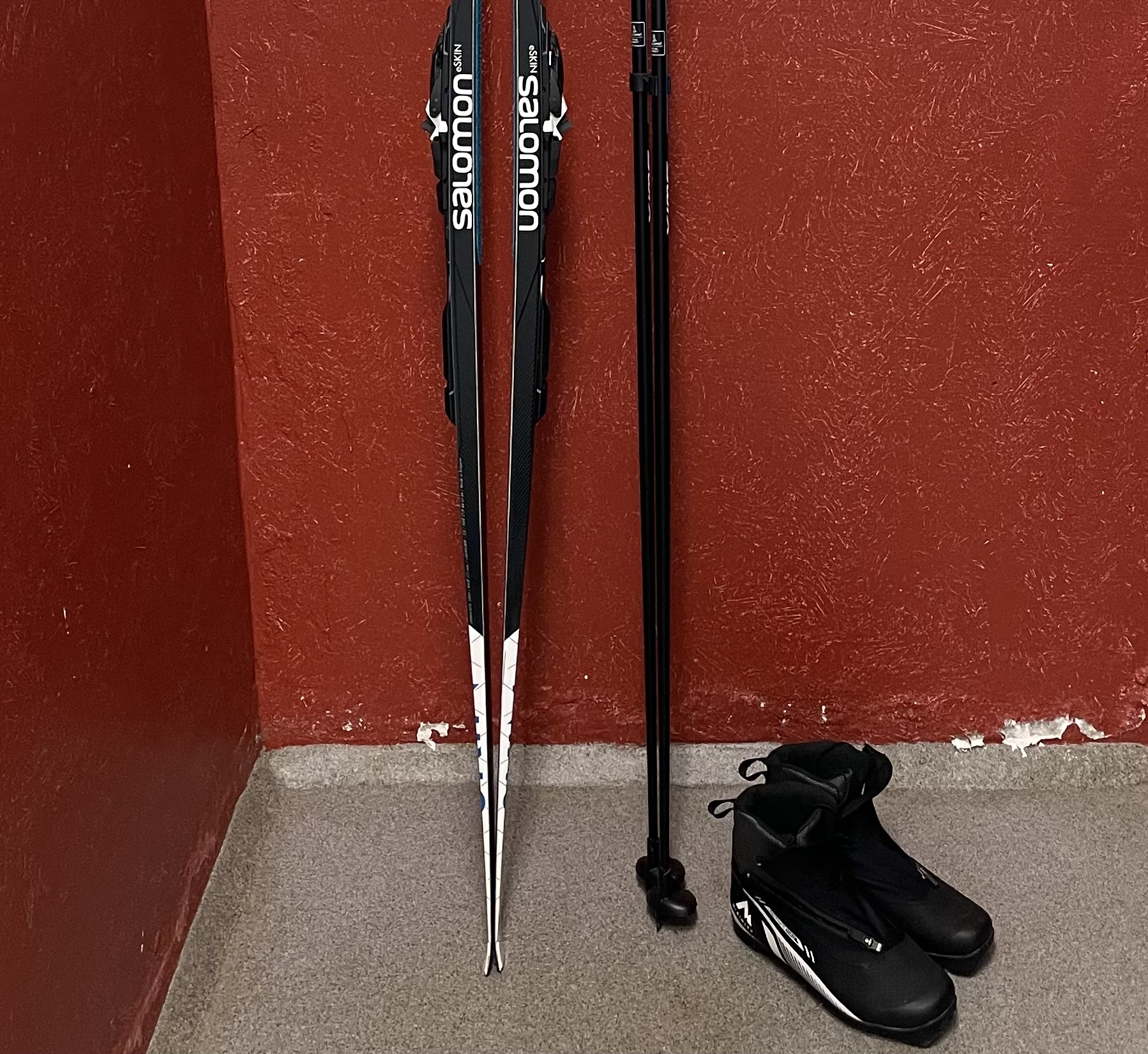 Salomon längdskidor (188) + pjäxor (39,5) + stavar (145)